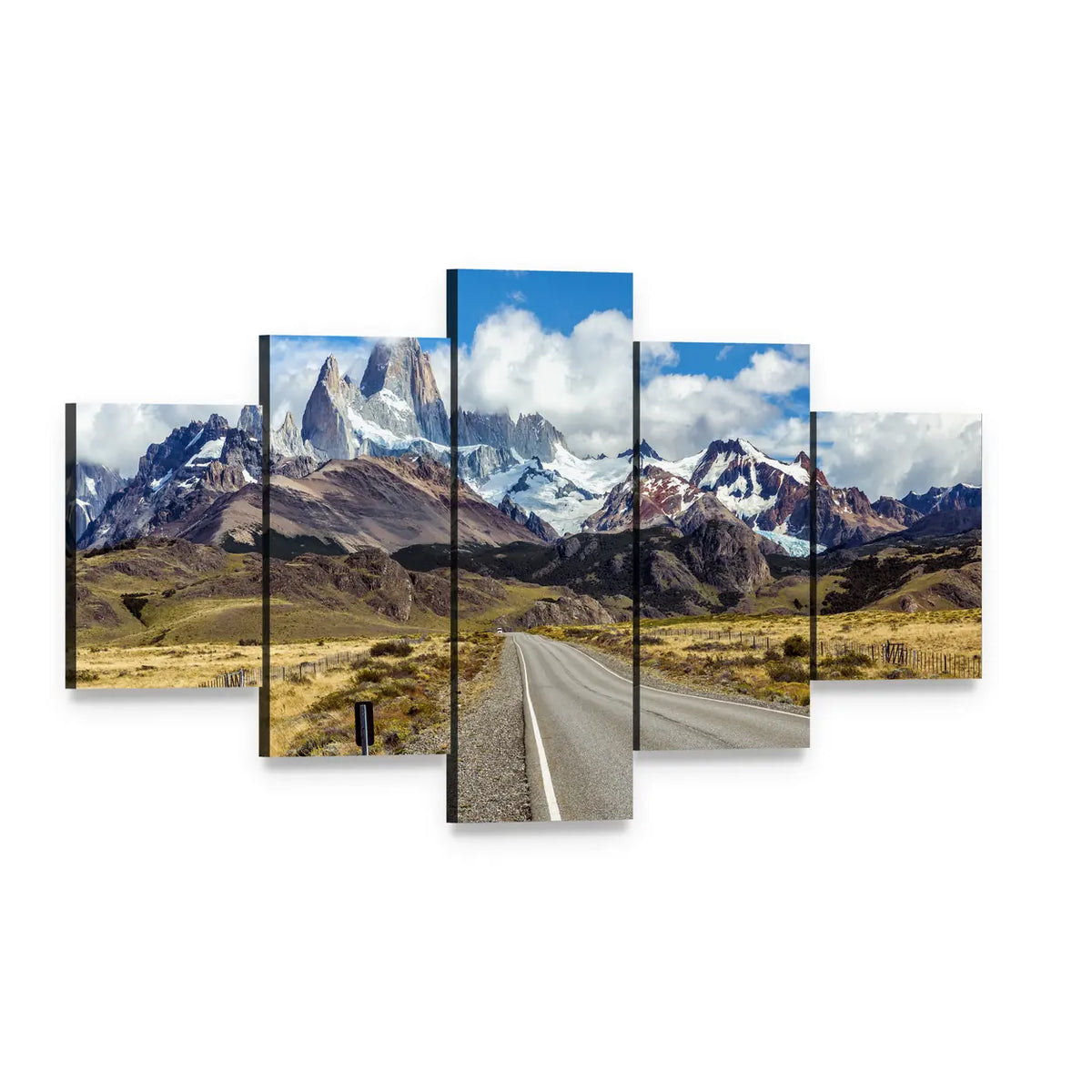 Mountain Road to Fitz Roy Peak Canvas Wall Art, 5 panel 5 Star layout gallery wrapped canvas set, angled product view