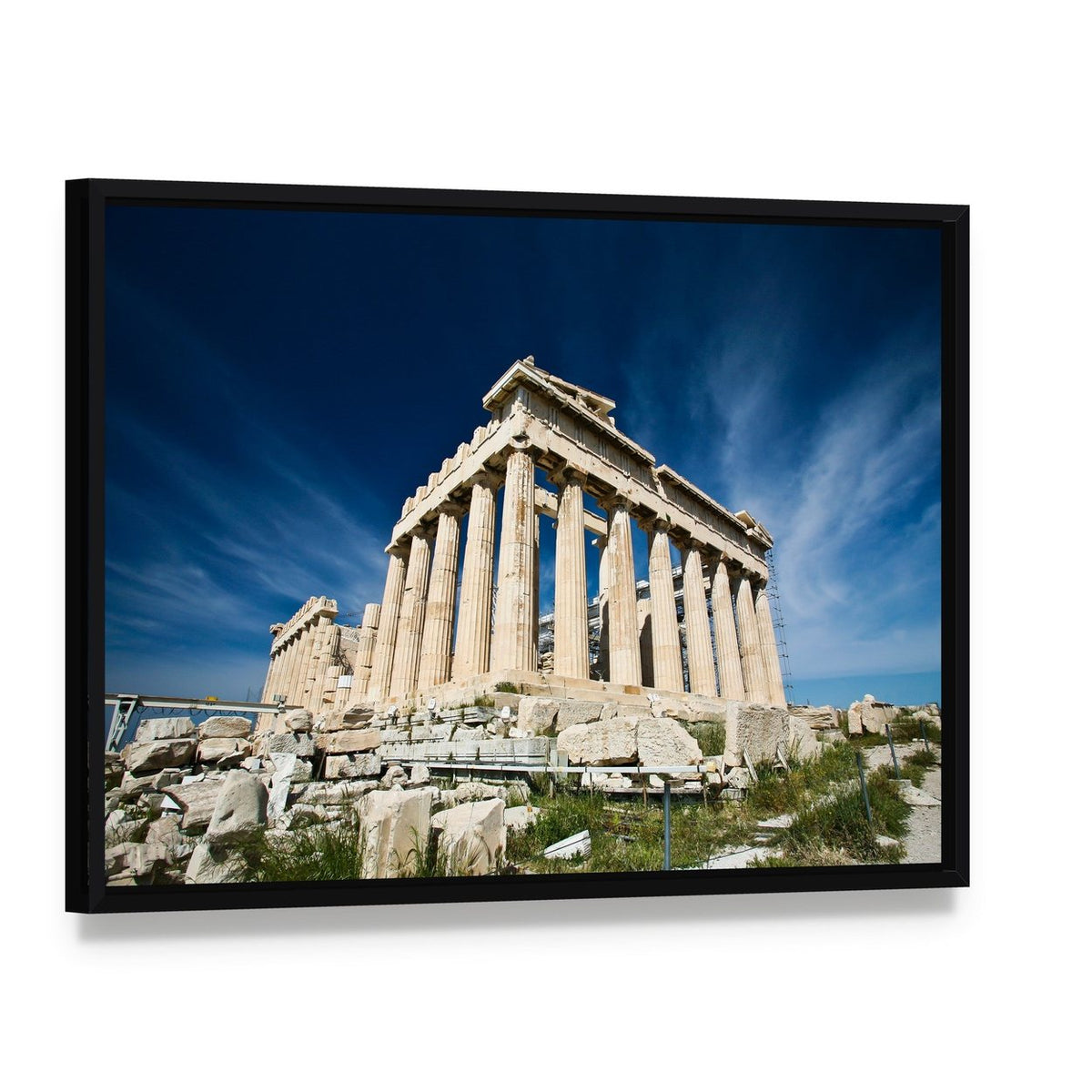 Parthenon at the Acropolis Canvas Wall Art, framed canvas in a black floater frame, angled product view