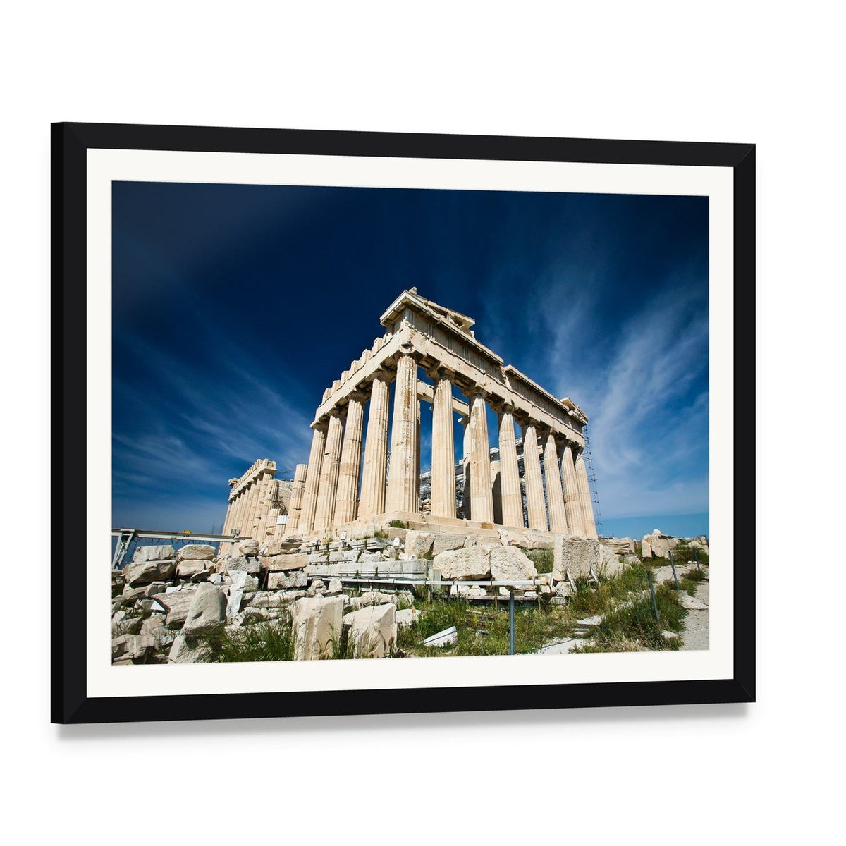 Parthenon at the Acropolis Canvas Wall Art, framed print with white mat and black frame, angled product view