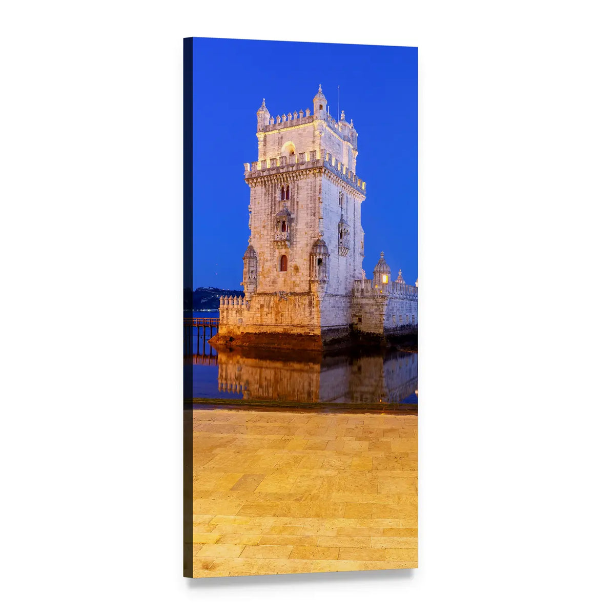 Illuminated Belém Tower River Reflection Vertical Canvas Wall Art, 1 panel 1 Vertical layout gallery wrapped canvas set, angled product view
