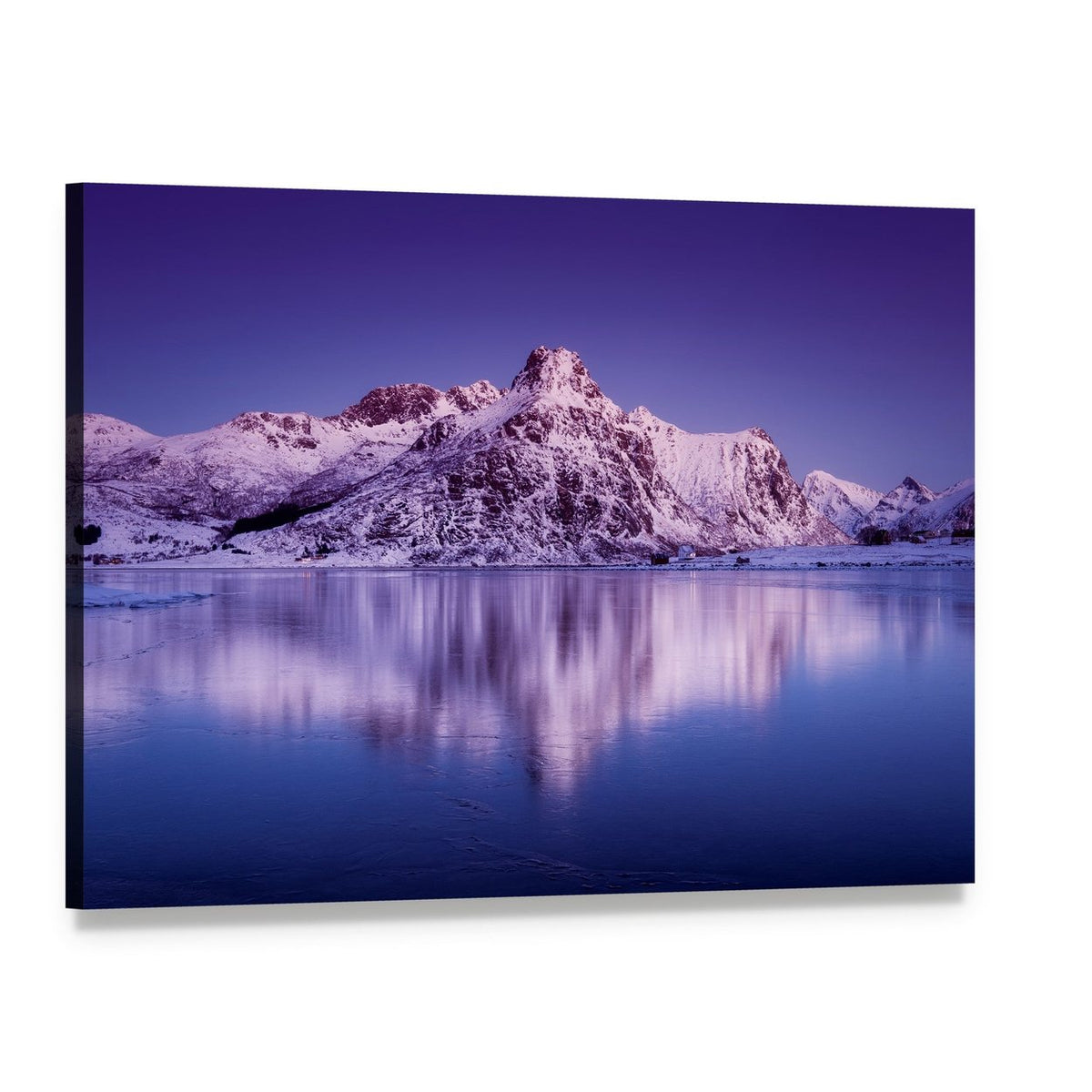 Snow-capped Mountain Ridge with Lake Reflection Canvas Wall Art, single panel gallery wrapped canvas, angled product view