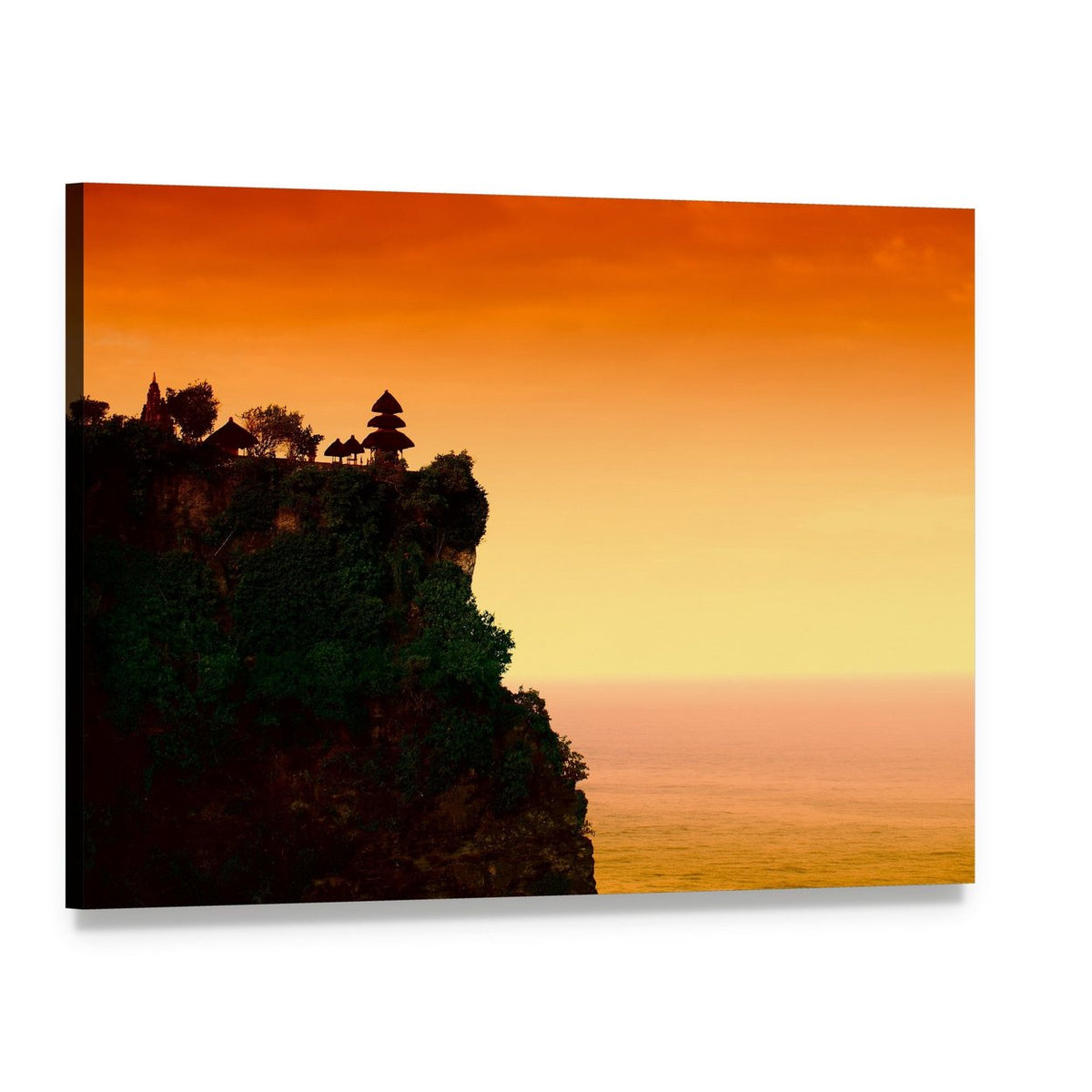 Sunset Temple on Coastal Cliff Canvas Wall Art, single panel gallery wrapped canvas, angled product view