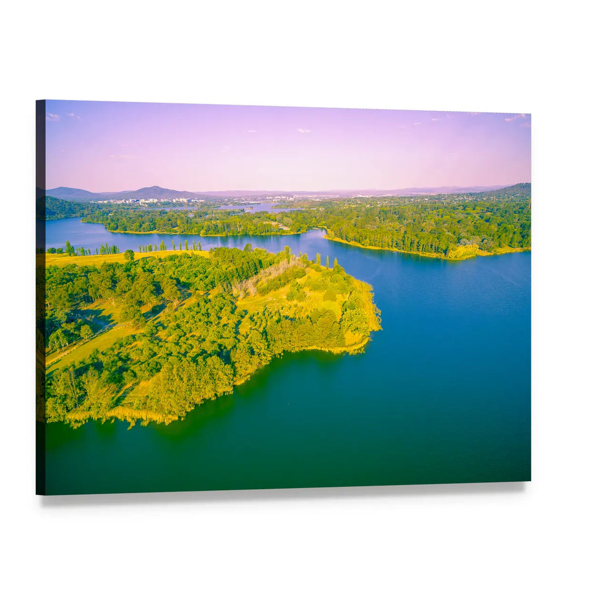 View of Lake Burley Griffin Canvas Wall Art, single panel gallery wrapped canvas, angled product view