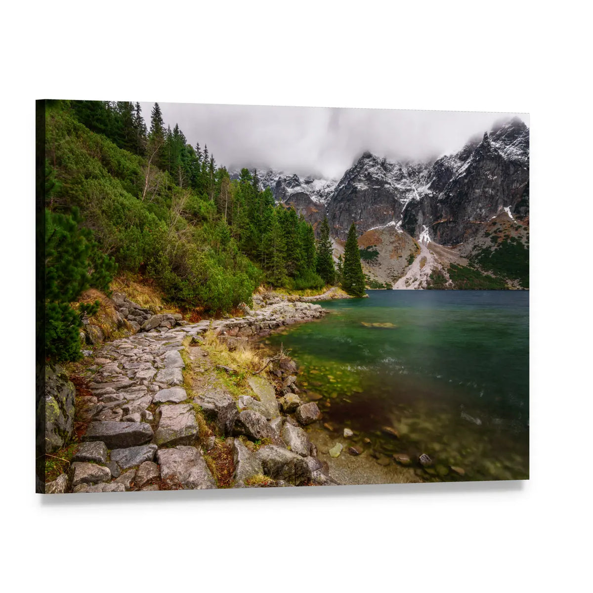 Stone Trail Along Mountain Lake Canvas Wall Art, single panel gallery wrapped canvas, angled product view