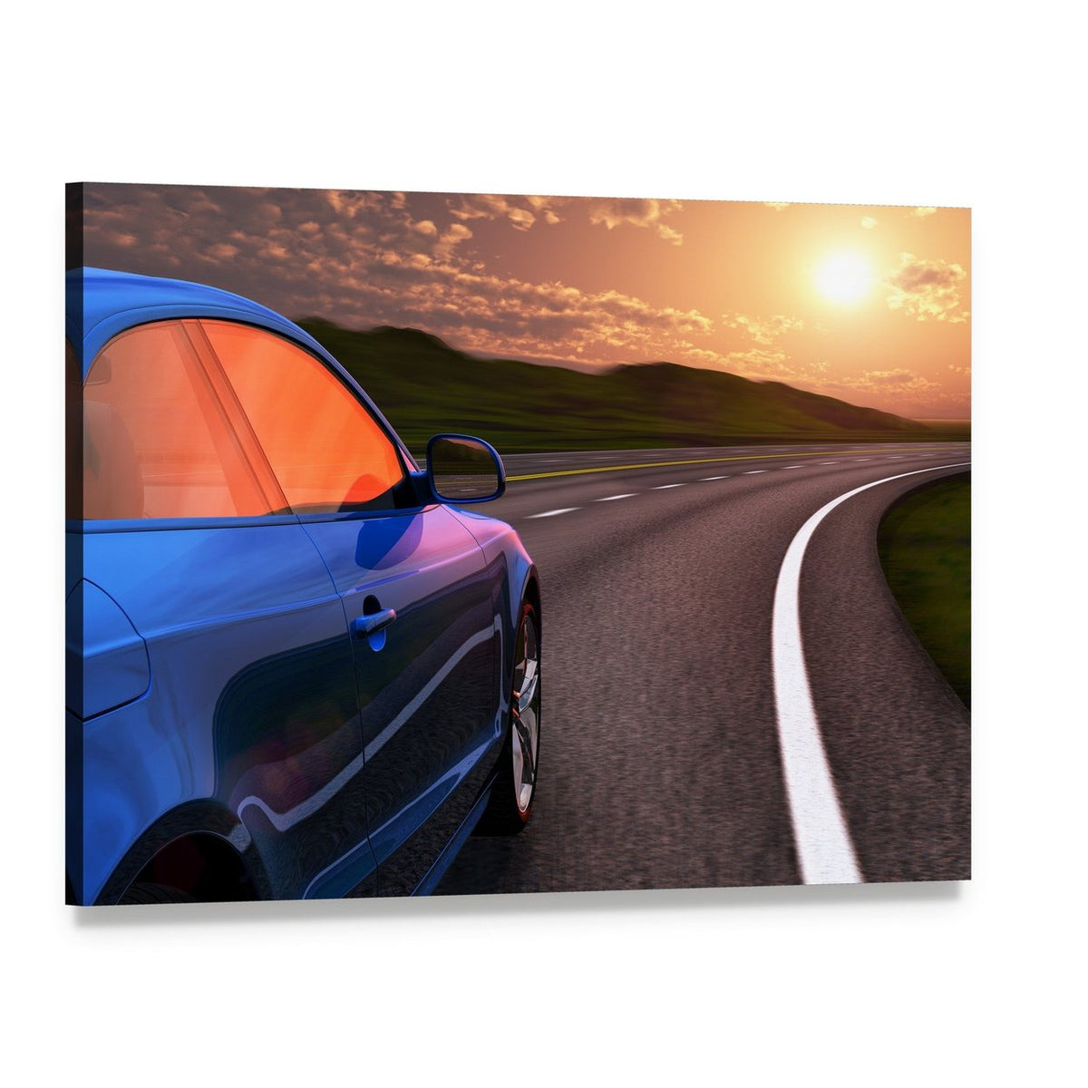 Blue Car Sunset Canvas Wall Art, single panel gallery wrapped canvas, angled product view