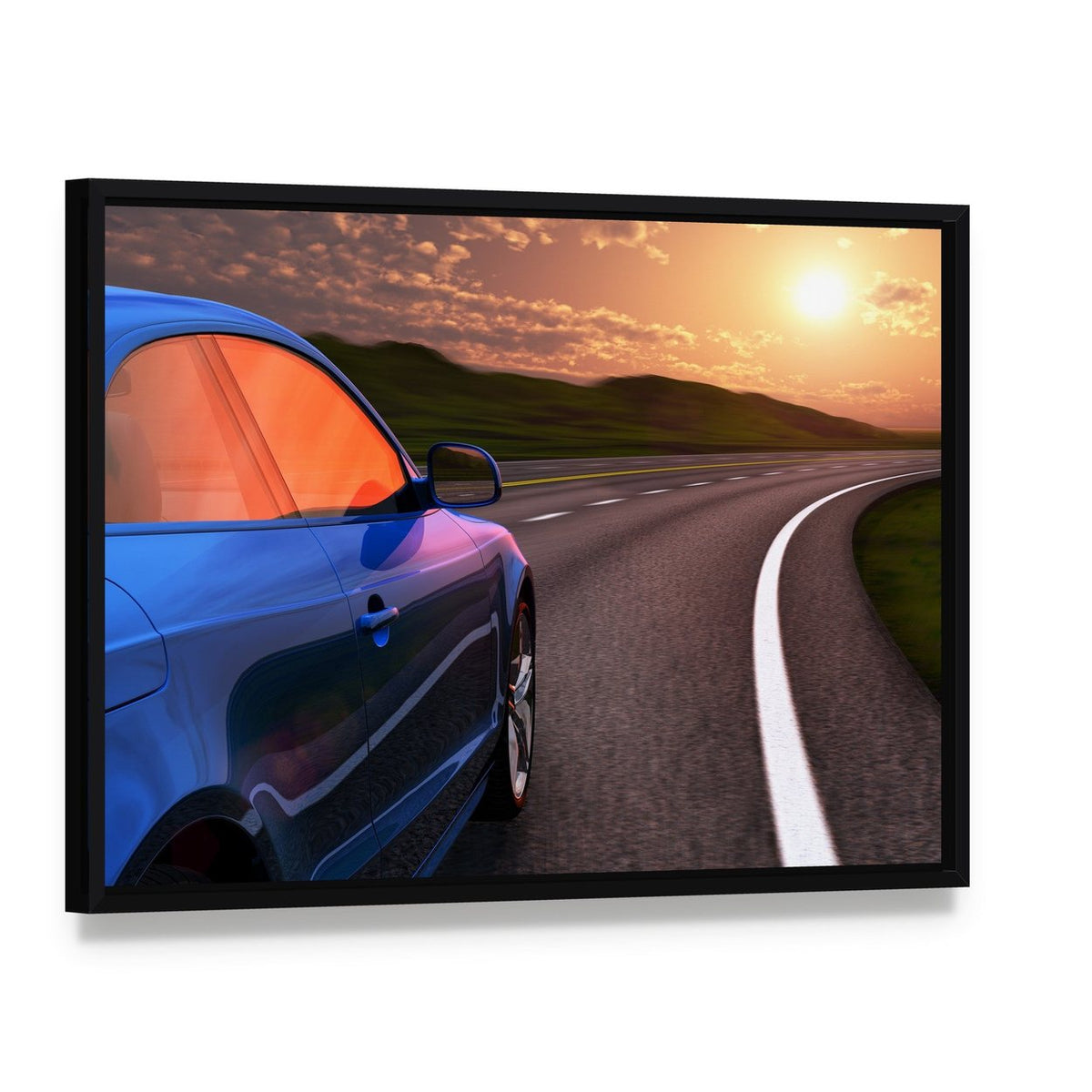 Blue Car Sunset Canvas Wall Art, framed canvas in a black floater frame, angled product view