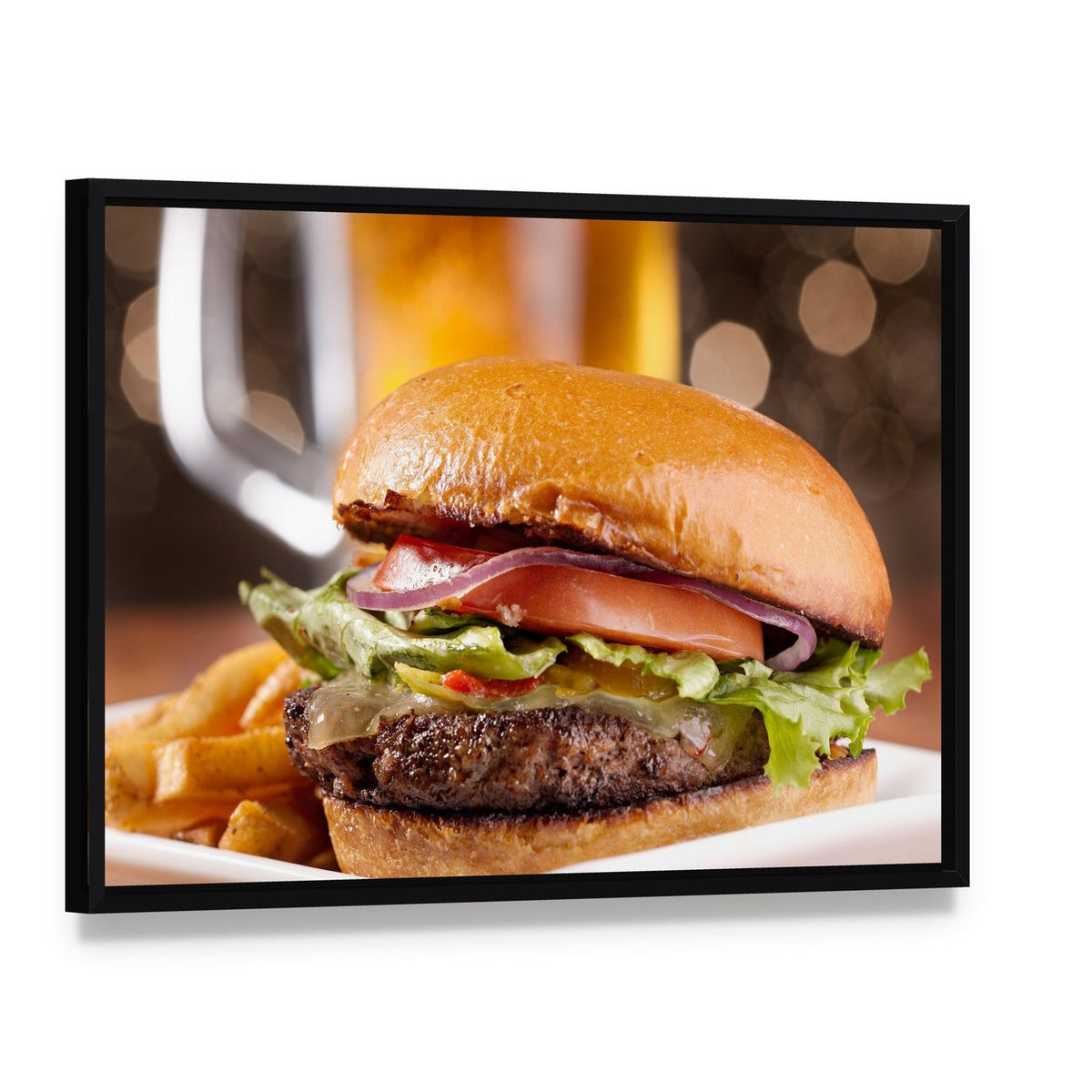 Classic Cheeseburger Close-up Canvas Wall Art, framed canvas in a black floater frame, angled product view