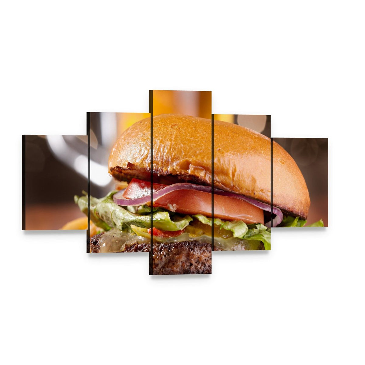 Classic Cheeseburger Close-up Canvas Wall Art, 5 panel 5 Star layout gallery wrapped canvas set, angled product view
