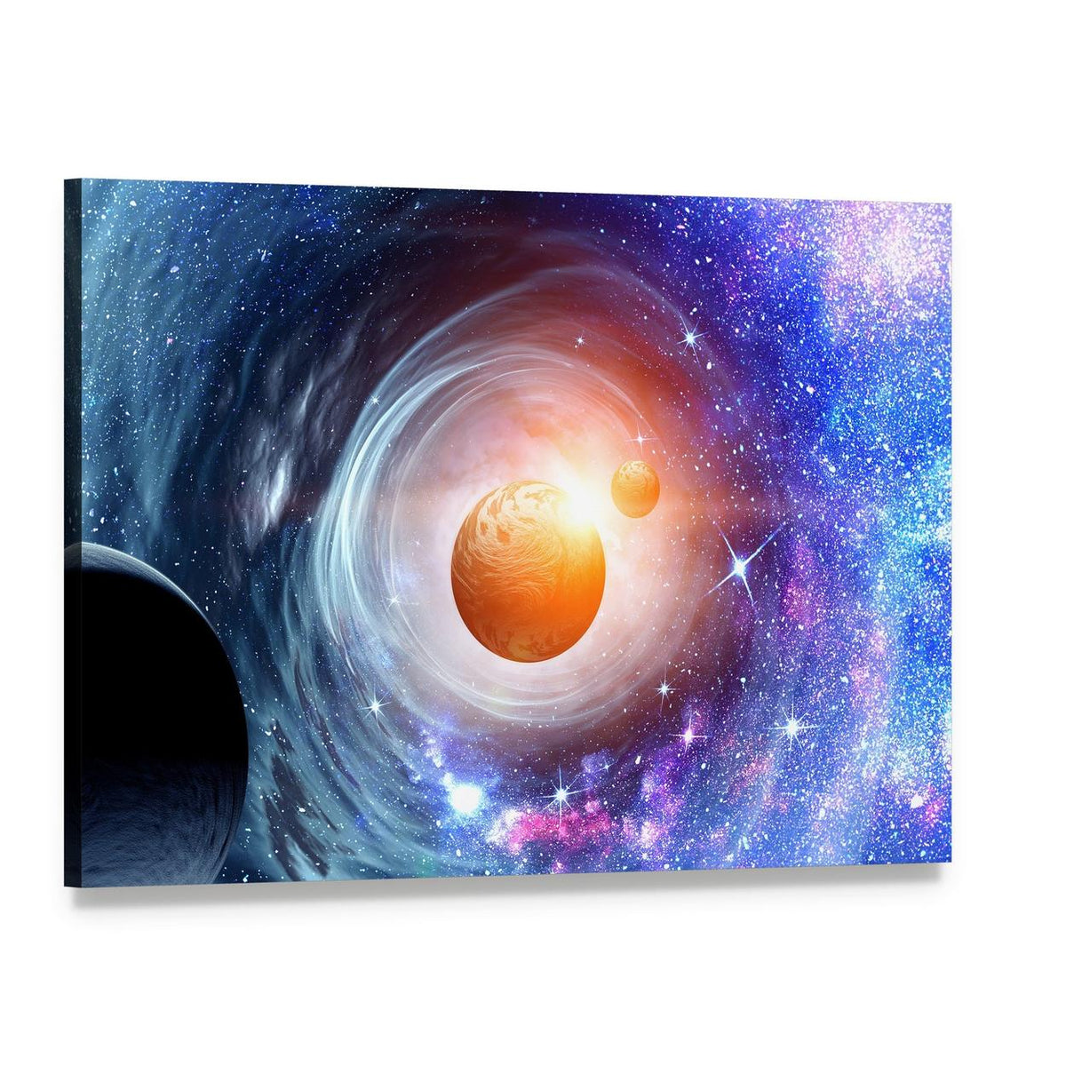 Swirling Space Planets and Starry Sky Canvas Wall Art, single panel gallery wrapped canvas, angled product view