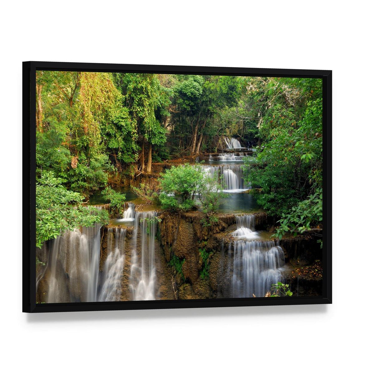 Waterfall in Deep Forest Canvas Wall Art, framed canvas in a black floater frame, angled product view
