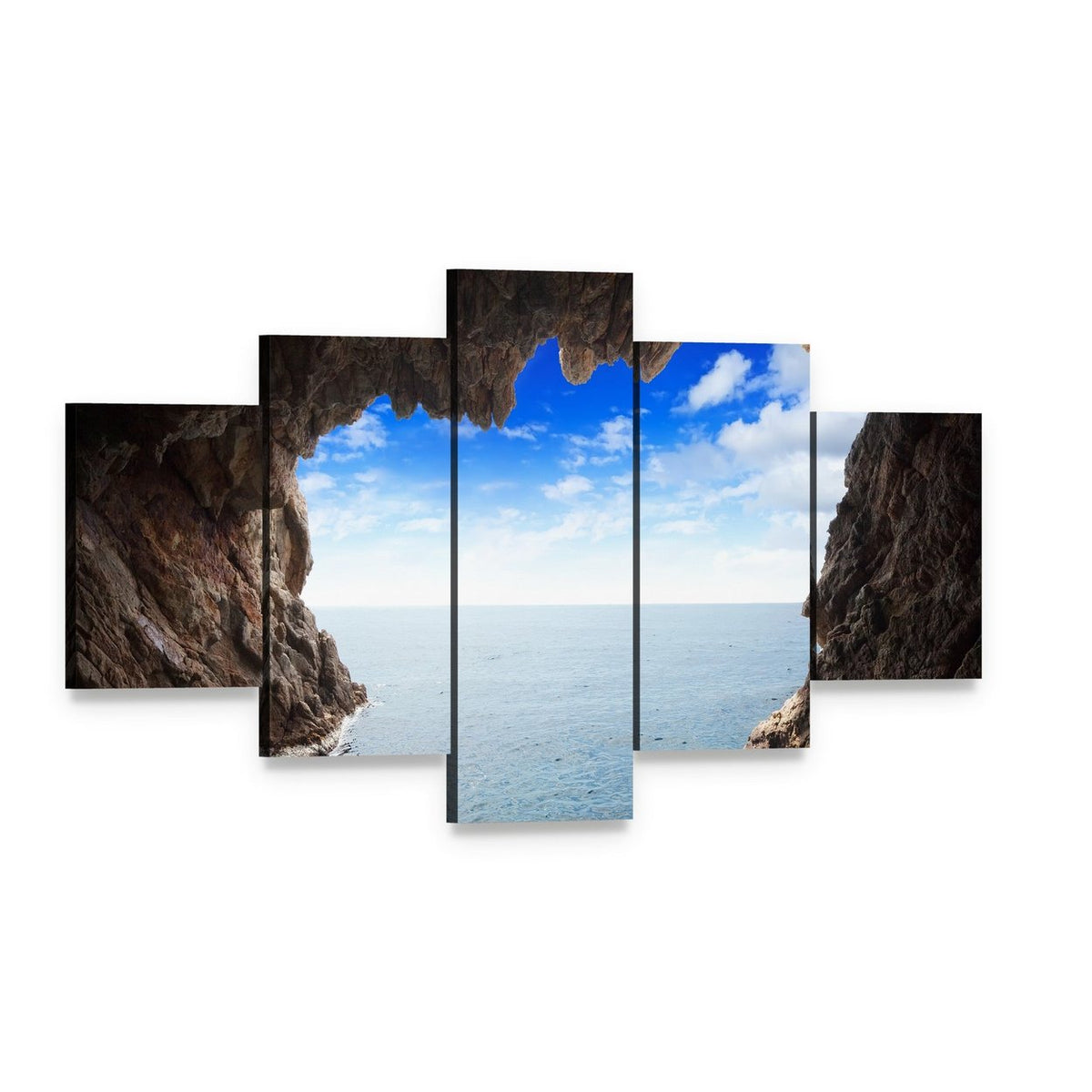 Serene Cave View with Rock Formations Canvas Wall Art, 5 panel 5 Star layout gallery wrapped canvas set, angled product view