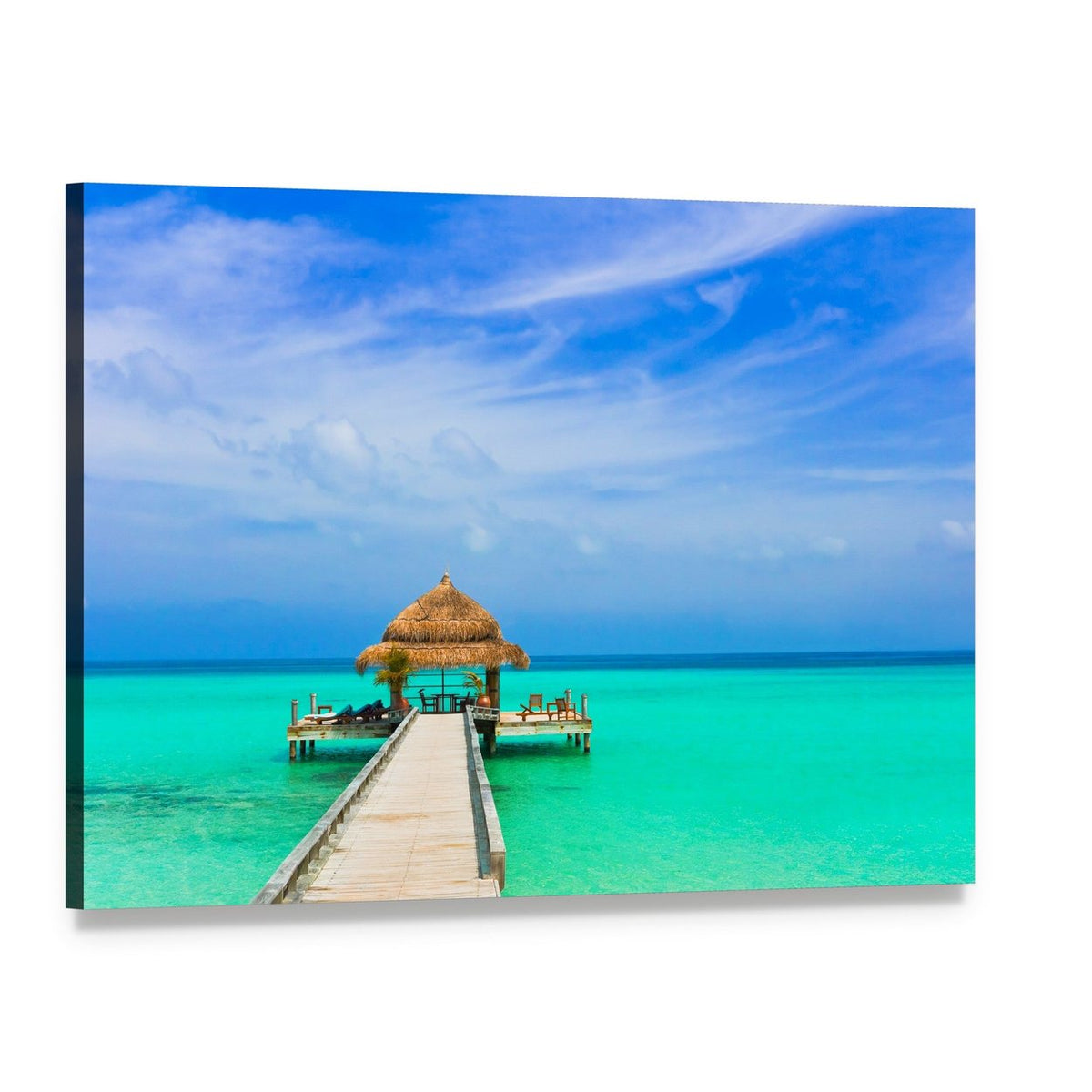 Tropical Pier with Thatched Hut Canvas Wall Art, single panel gallery wrapped canvas, angled product view