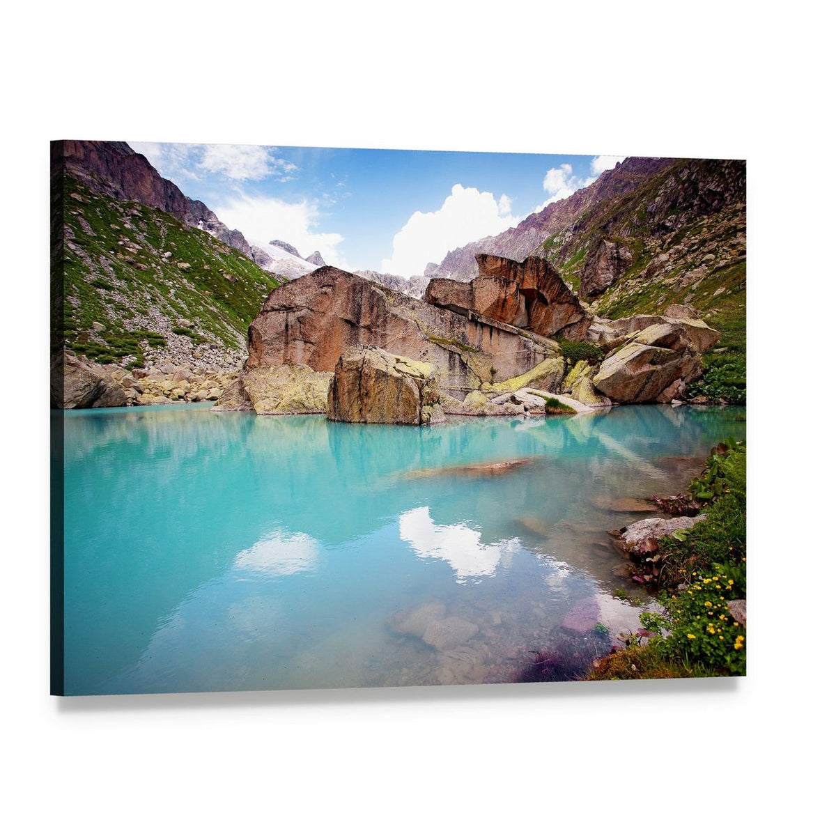 Turquoise Mountain Lake with Rocky Shore Canvas Wall Art, single panel gallery wrapped canvas, angled product view