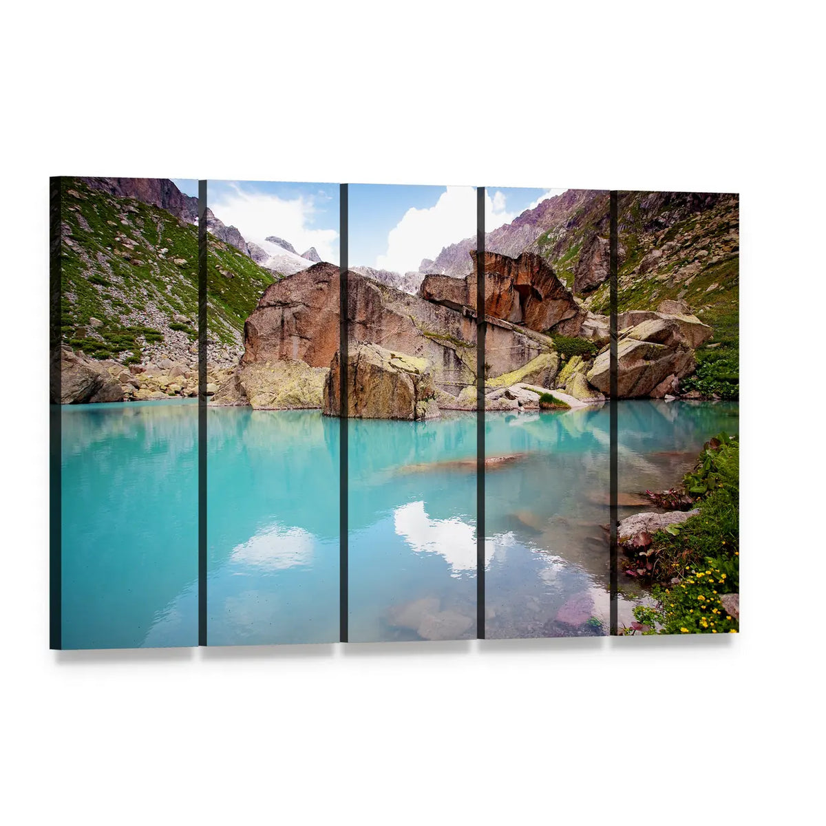 Turquoise Alpine Lake and Mountains Canvas Wall Art, 5 panel 5 Horizontal layout gallery wrapped canvas set, angled product view