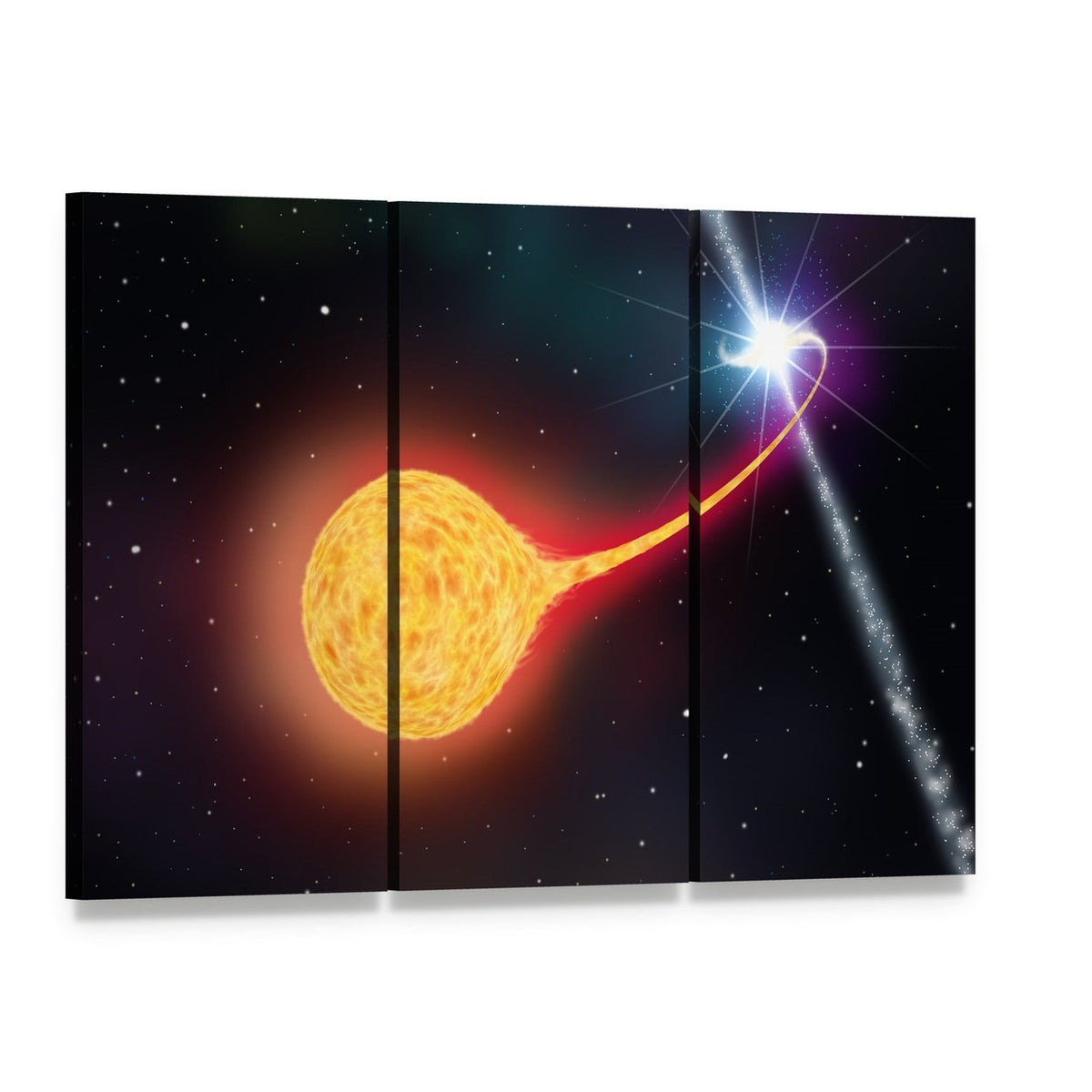 Star Absorption by a Black Hole Pulsar Canvas Wall Art, 3 panel 3 Horizontal layout gallery wrapped canvas set, angled product view
