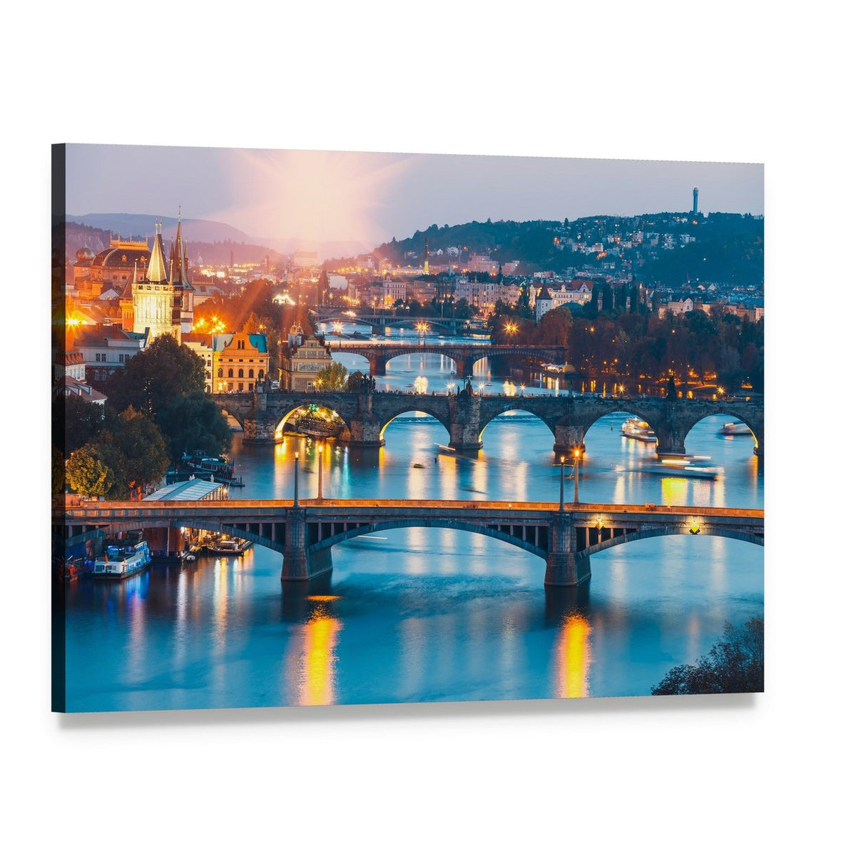 Charles Bridge and Vltava River at Dusk Canvas Wall Art, single panel gallery wrapped canvas, angled product view