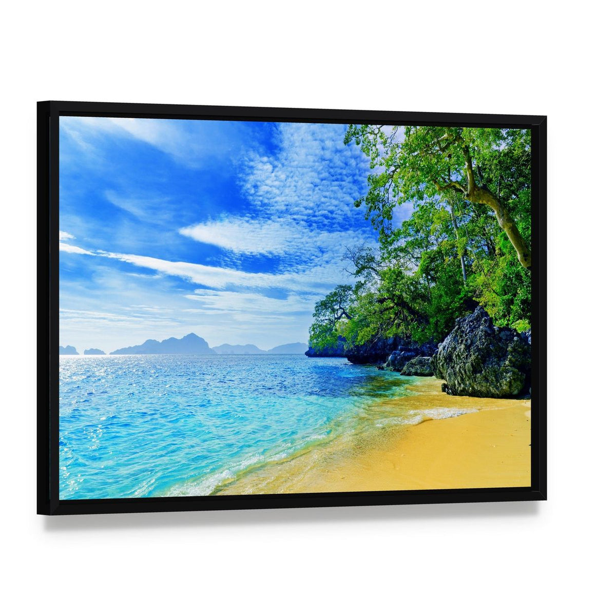Paradise Beach Sea and Sky Canvas Wall Art, framed canvas in a black floater frame, angled product view