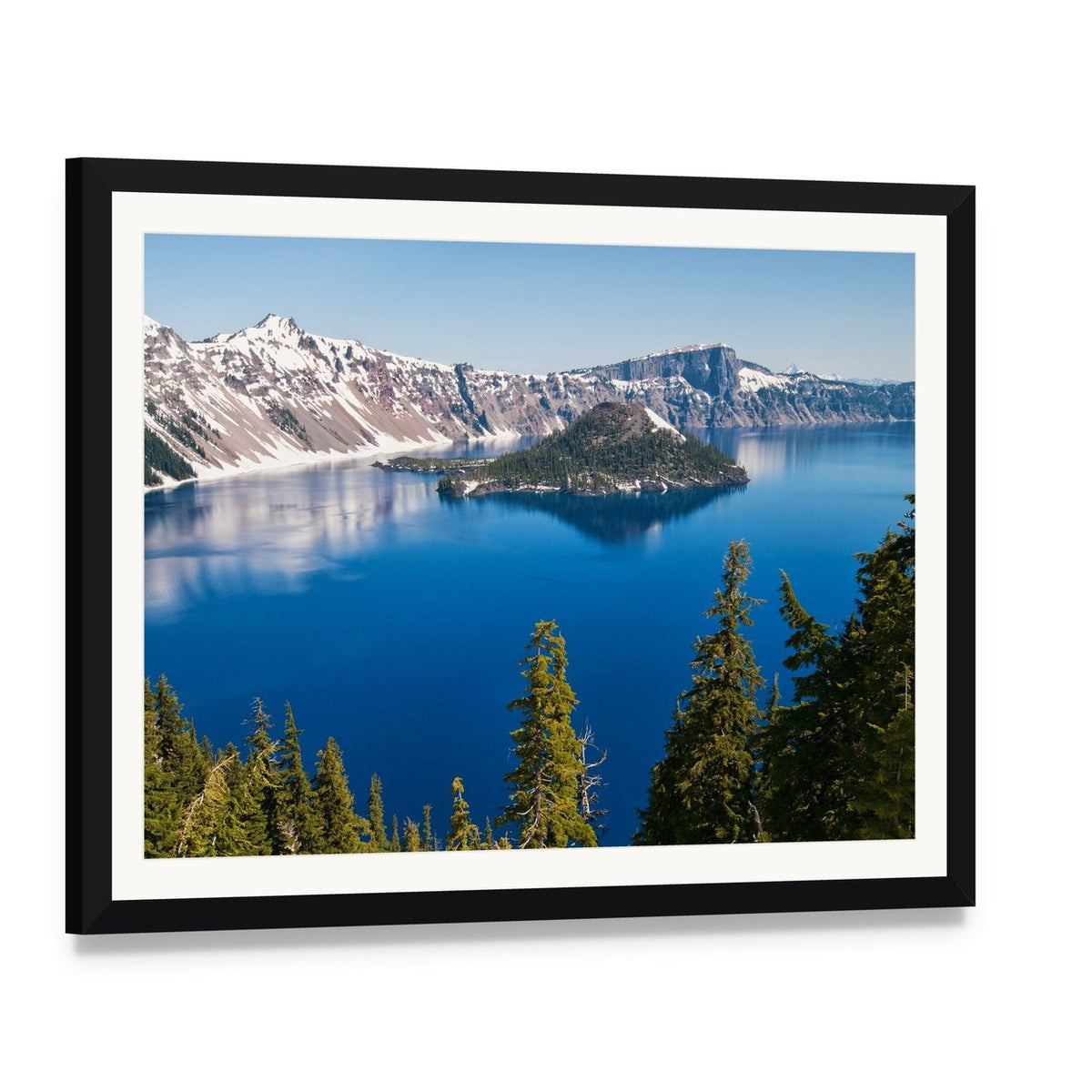 Snow in Summer at Crater Lake Canvas Wall Art, framed print with white mat and black frame, angled product view