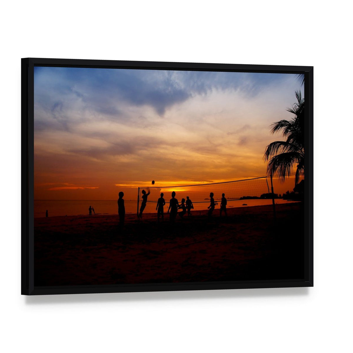 Volleyball Game Player Silhouette Canvas Wall Art, framed canvas in a black floater frame, angled product view