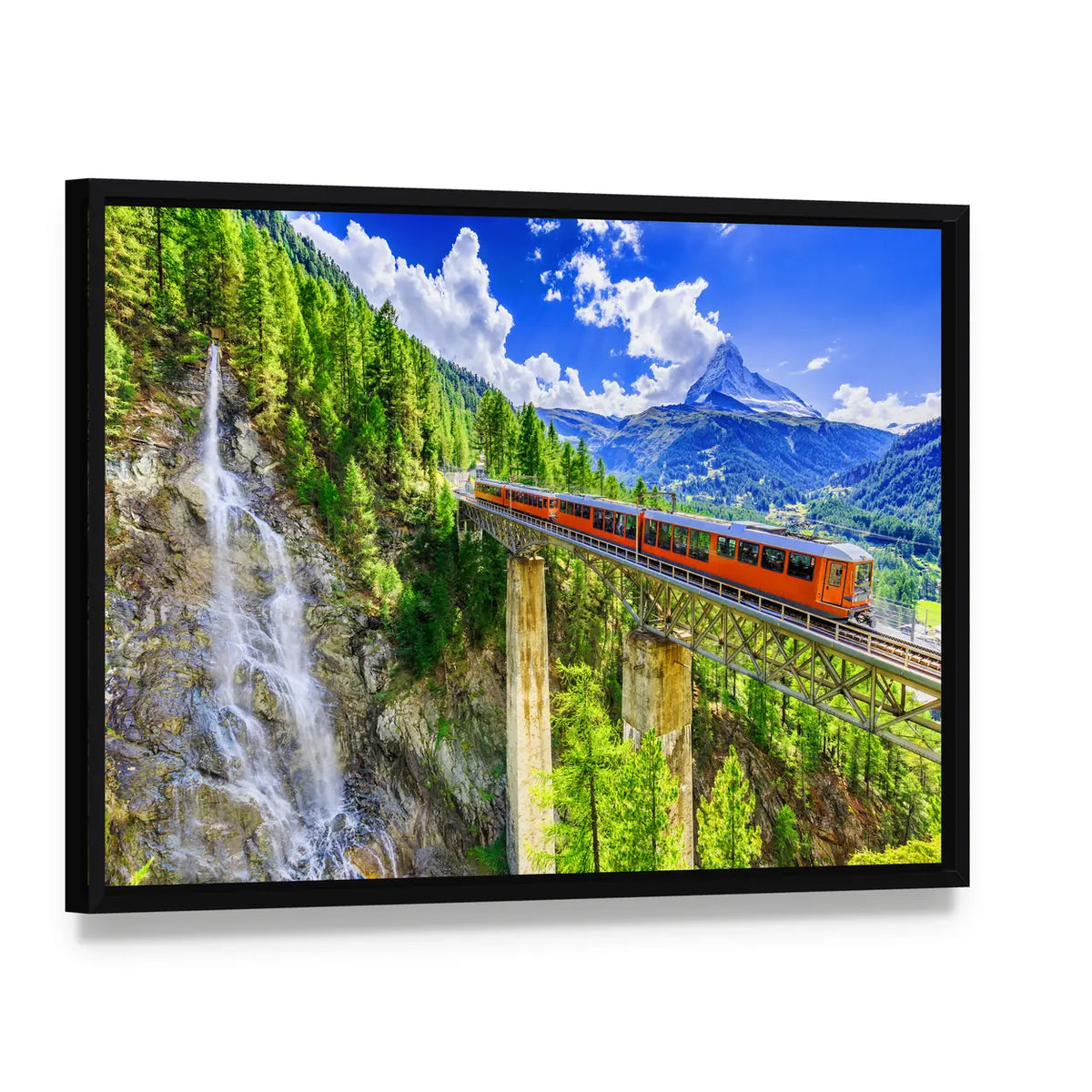 Gornergrat Tourist Train In Zermatt, Switzerland Canvas Wall Art, framed canvas in a black floater frame, angled product view