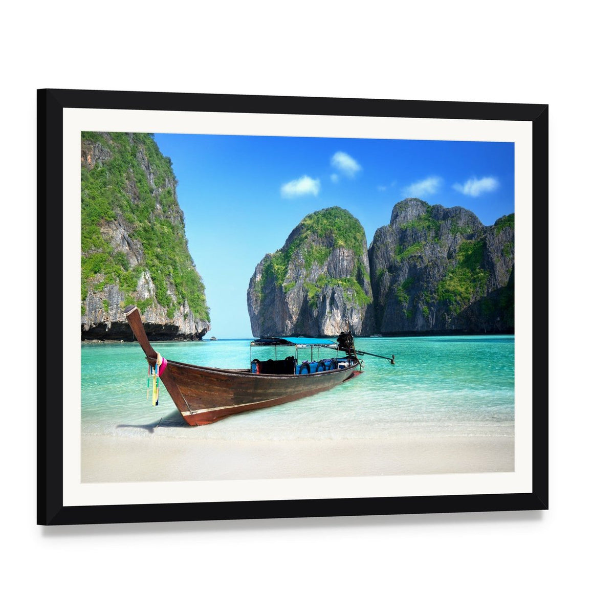 Maya Bay, Phi Phi Island Seascape Canvas Wall Art, framed print with white mat and black frame, angled product view