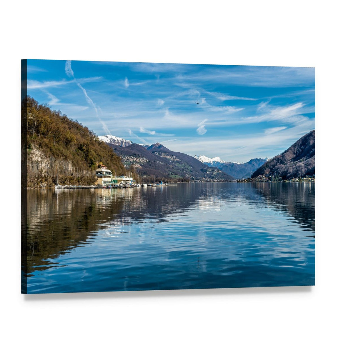 Lake Ceresio with Snow-capped Mountains Canvas Wall Art, single panel gallery wrapped canvas, angled product view