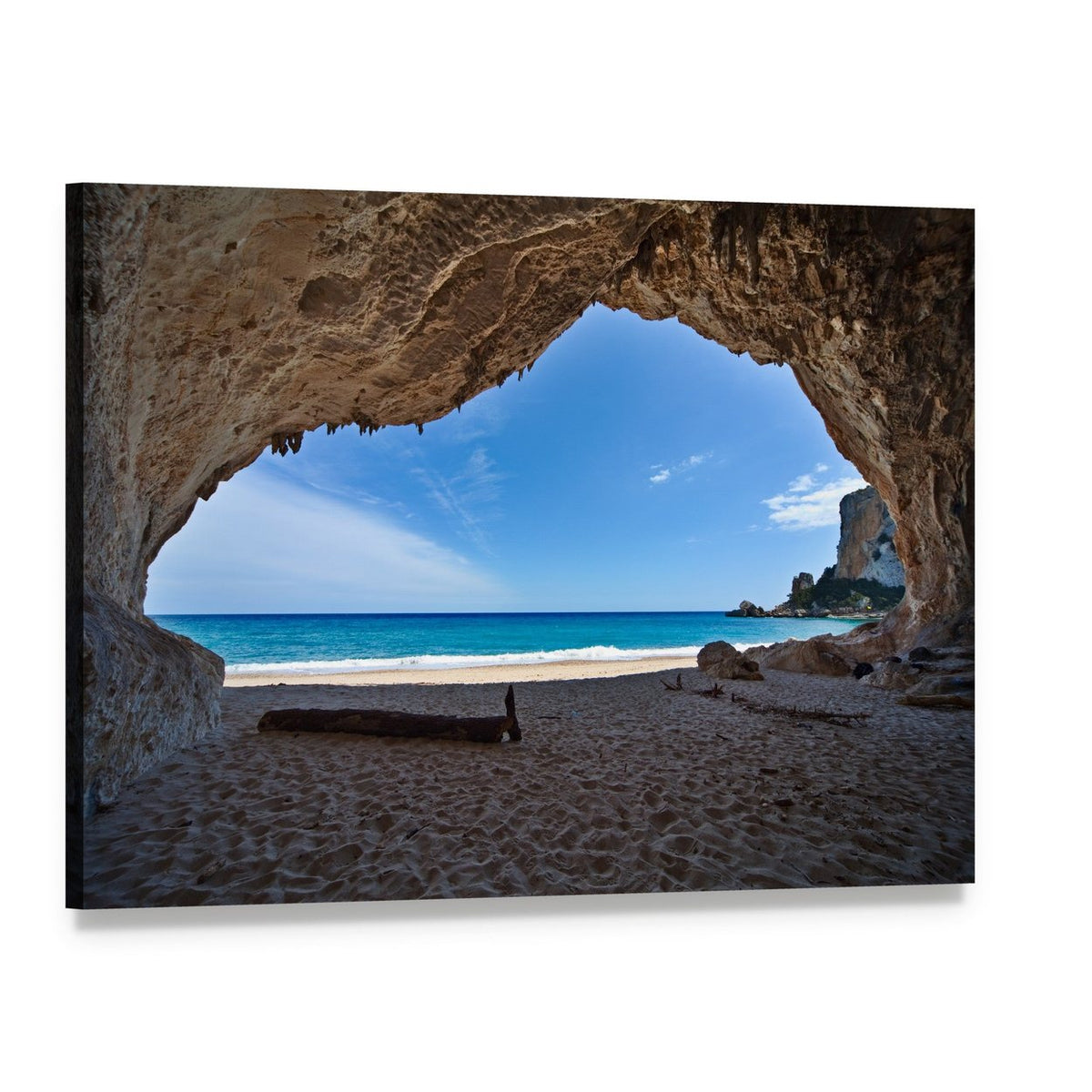 Serene Cave View Over Ocean Canvas Wall Art, single panel gallery wrapped canvas, angled product view
