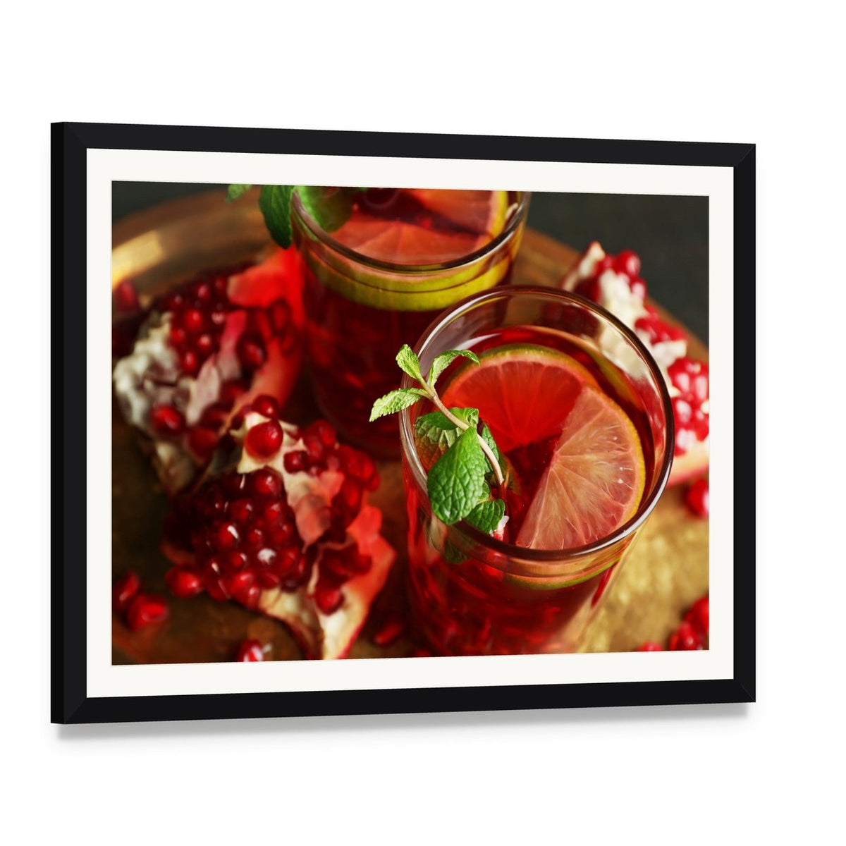 Pomegranate Drink in Glasses Canvas Wall Art, framed print with white mat and black frame, angled product view