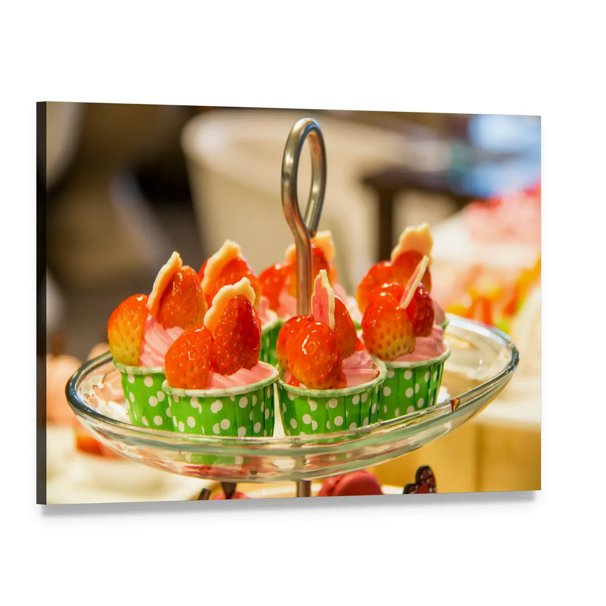 Strawberry Cupcakes on Glass Cake Stand Canvas Wall Art, single panel gallery wrapped canvas, angled product view