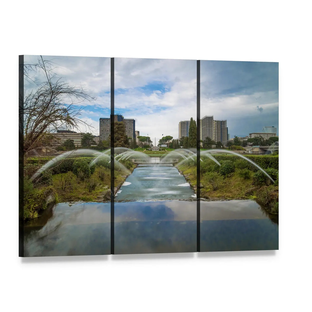 Artificial Waterfall in Rome Canvas Wall Art, 3 panel 3 Horizontal layout gallery wrapped canvas set, angled product view