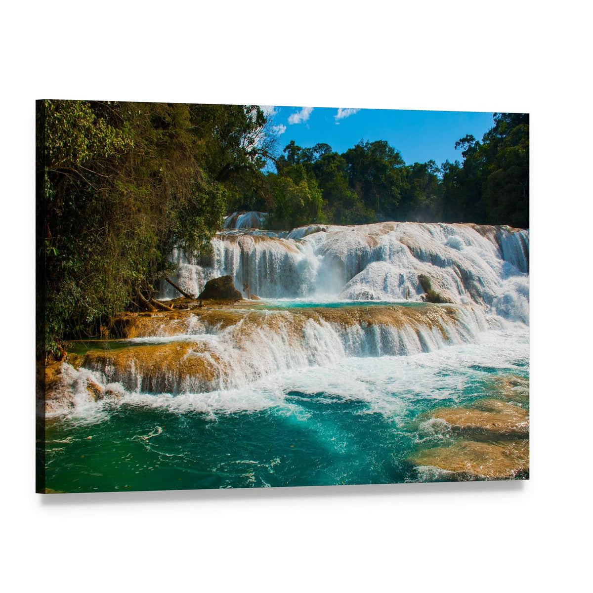 Agua Azul Waterfall Canvas Wall Art, single panel gallery wrapped canvas, angled product view