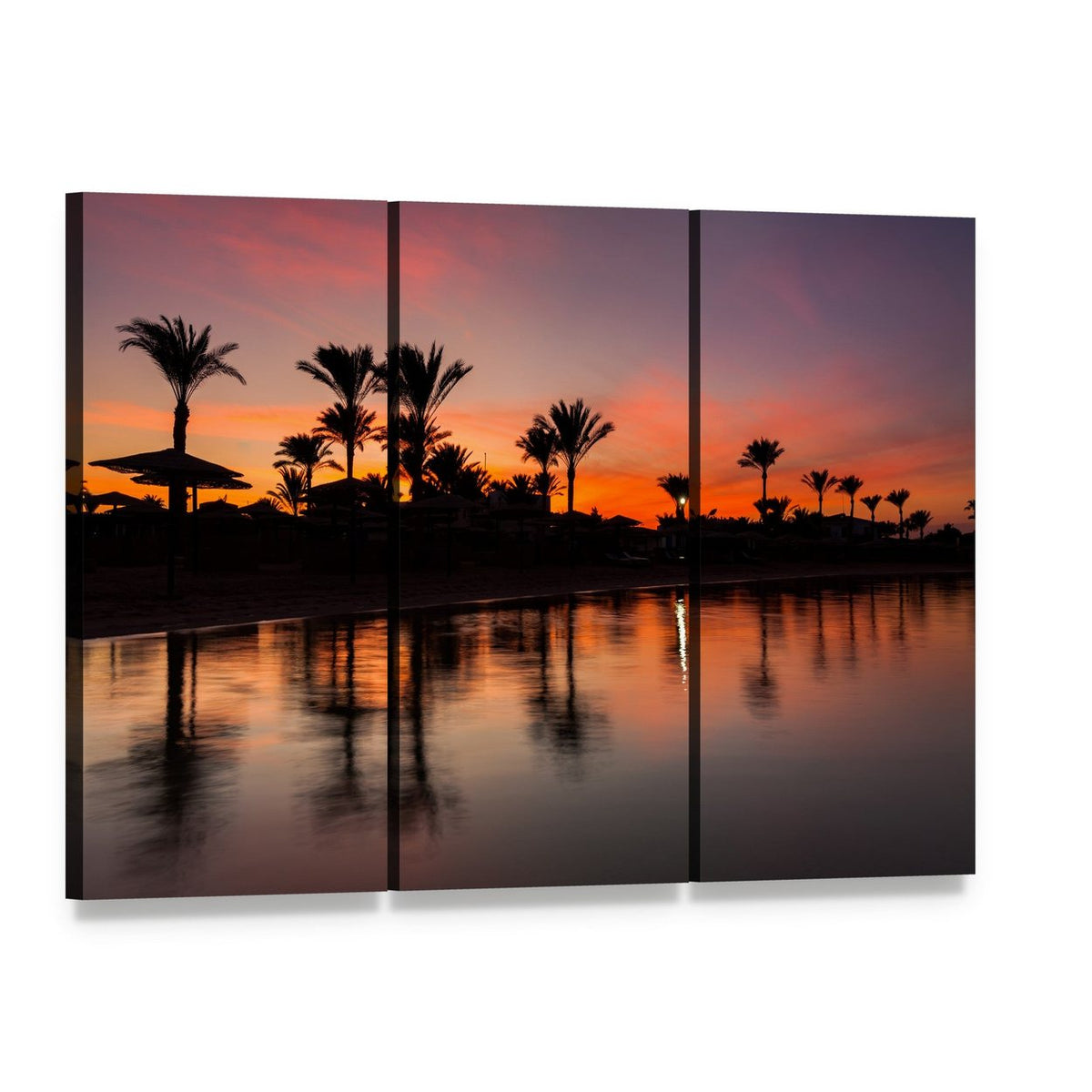 Romantic Sunset Over Sandy Beach Canvas Wall Art, 3 panel 3 Horizontal layout gallery wrapped canvas set, angled product view
