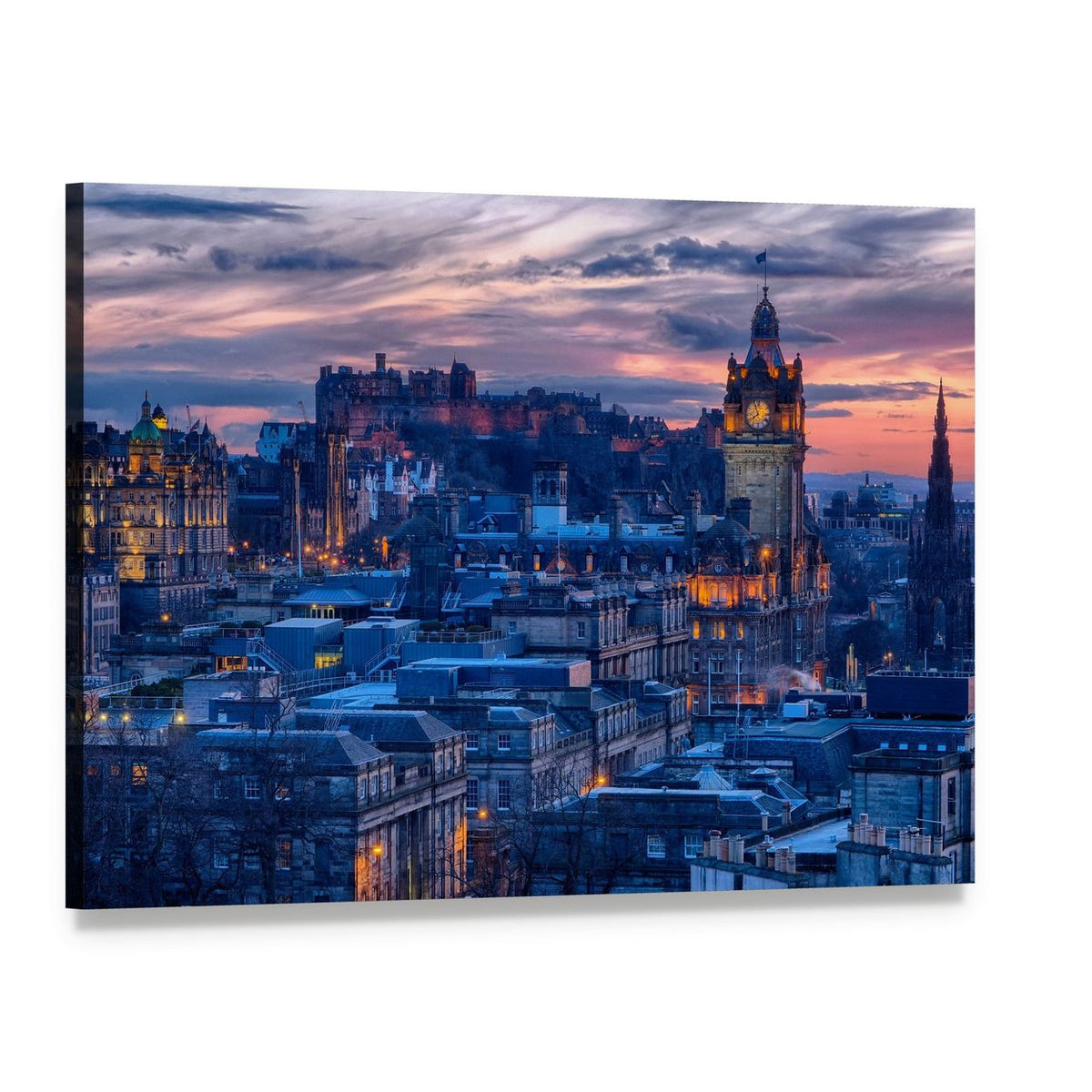 Edinburgh Castle Dusk Cityscape Canvas Wall Art, single panel gallery wrapped canvas, angled product view