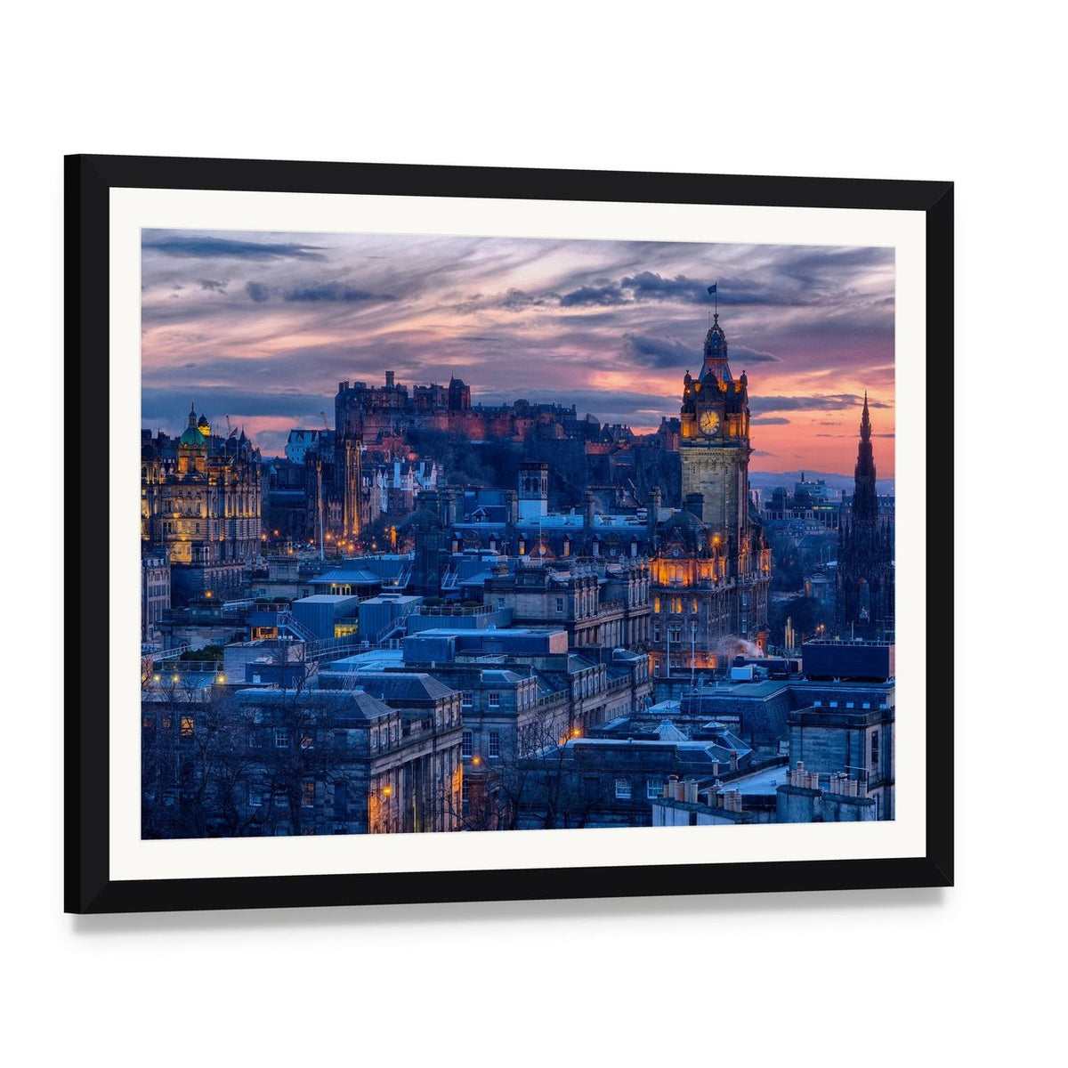 Edinburgh Castle Dusk Cityscape Canvas Wall Art, framed print with white mat and black frame, angled product view