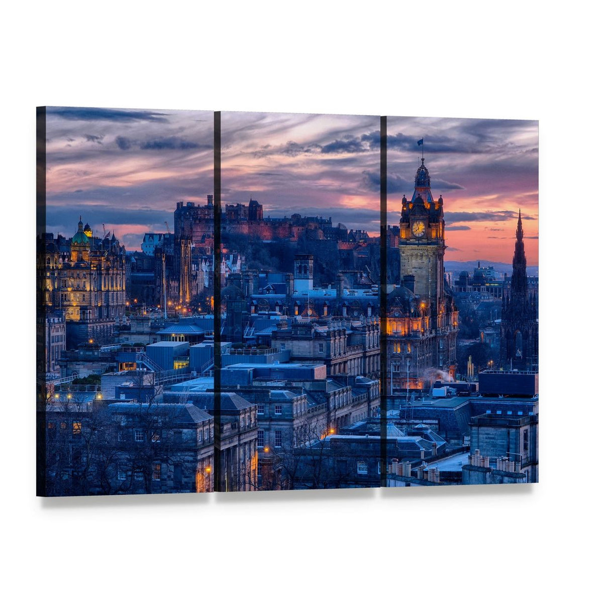 Edinburgh Castle Dusk Cityscape Canvas Wall Art, 3 panel 3 Horizontal layout gallery wrapped canvas set, angled product view