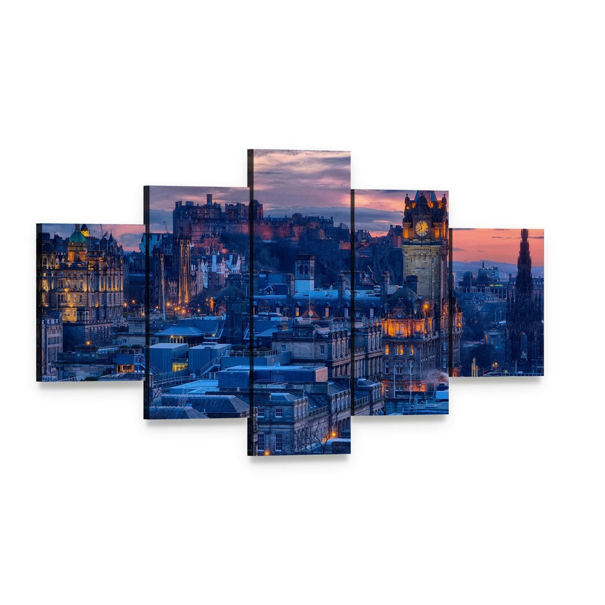 Edinburgh Castle Dusk Cityscape Canvas Wall Art, 5 panel 5 Star layout gallery wrapped canvas set, angled product view