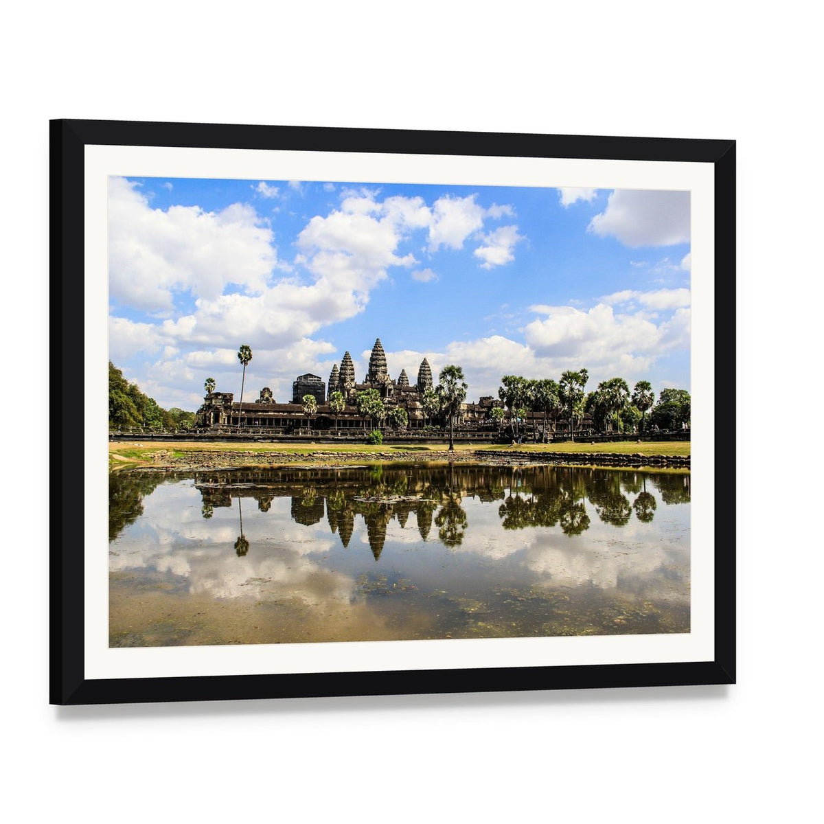 Angkor Wat Temple with Lake Reflection Canvas Wall Art, framed print with white mat and black frame, angled product view