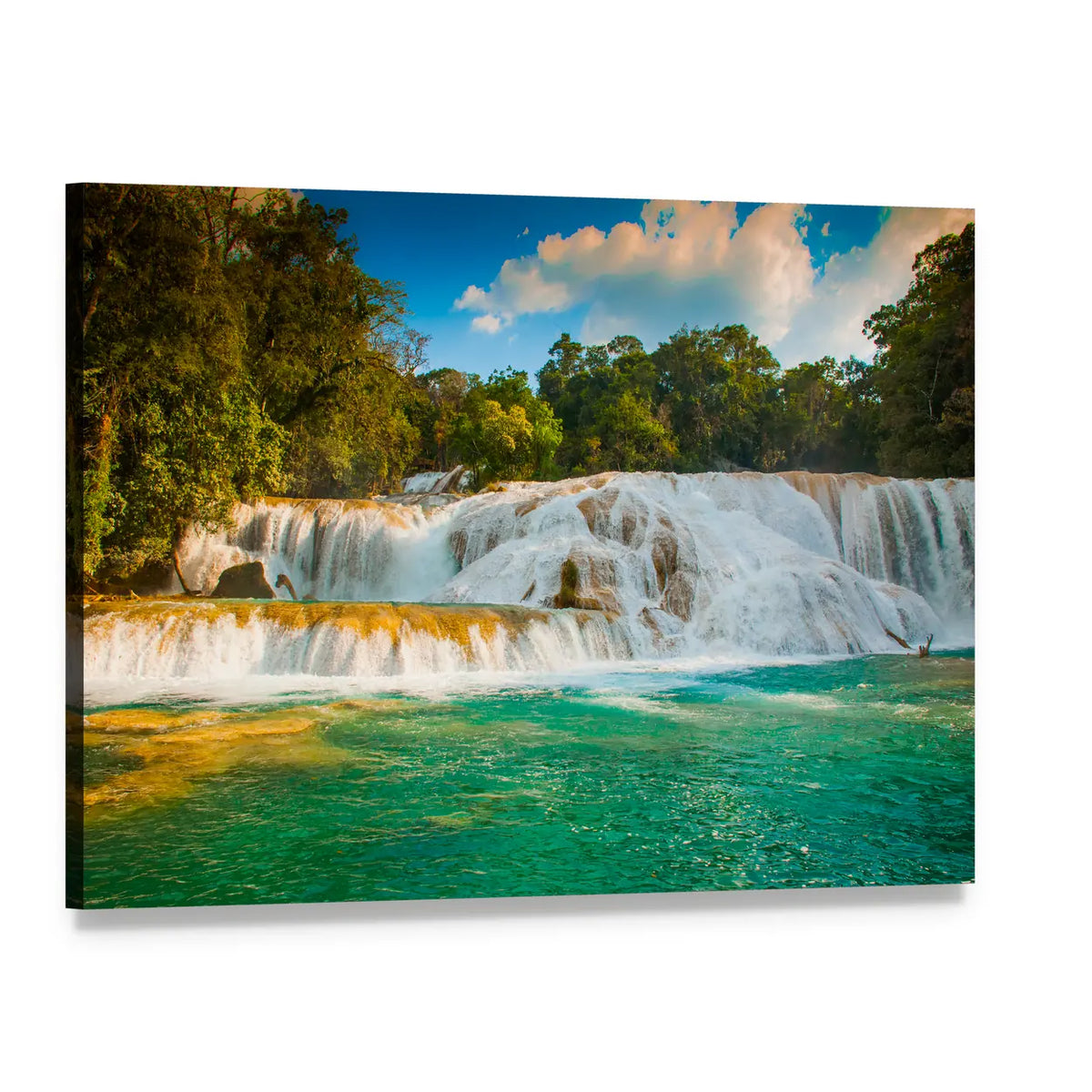 Agua Azul Waterfall Canvas Wall Art, single panel gallery wrapped canvas, angled product view