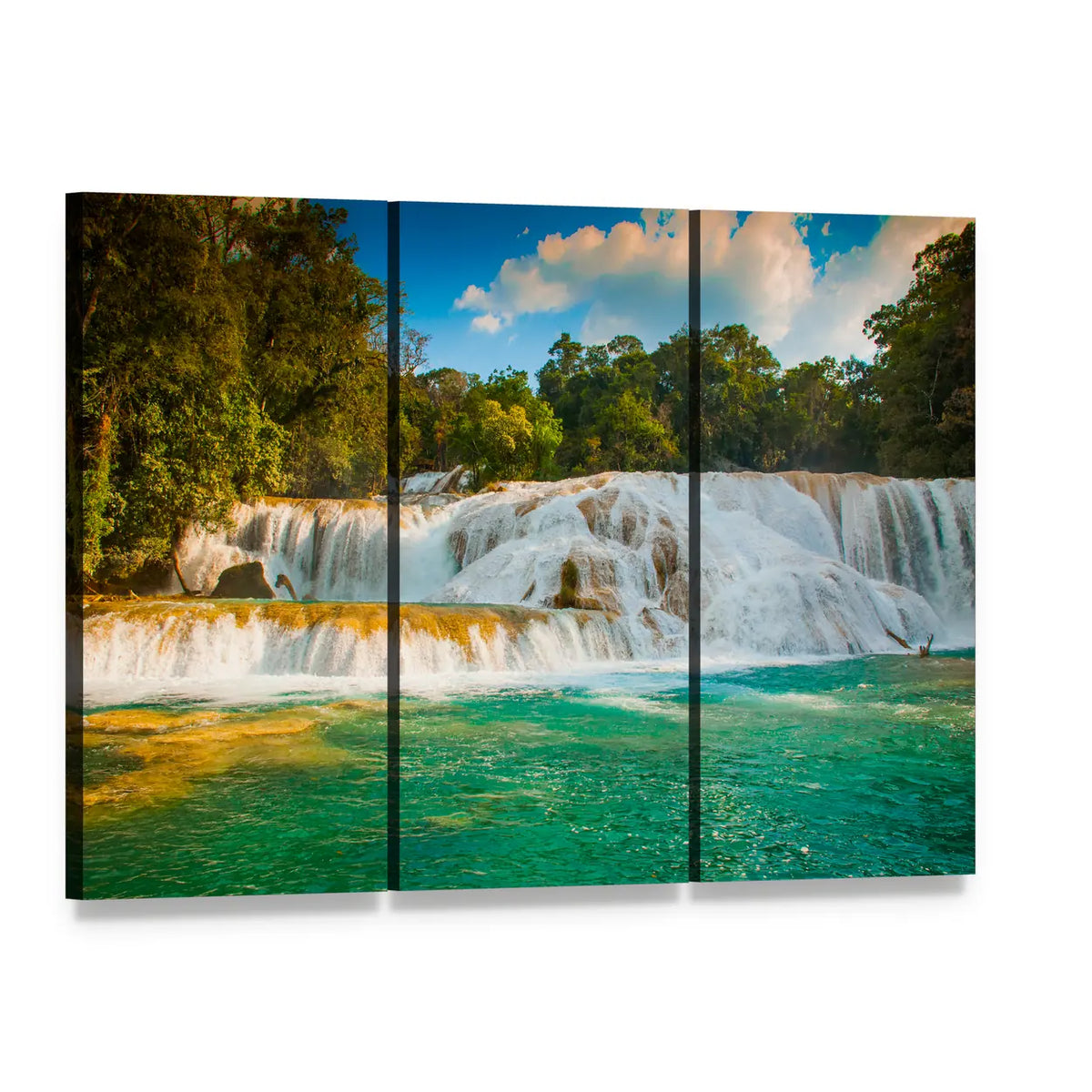 Agua Azul Waterfall Canvas Wall Art, 3 panel 3 Horizontal layout gallery wrapped canvas set, angled product view