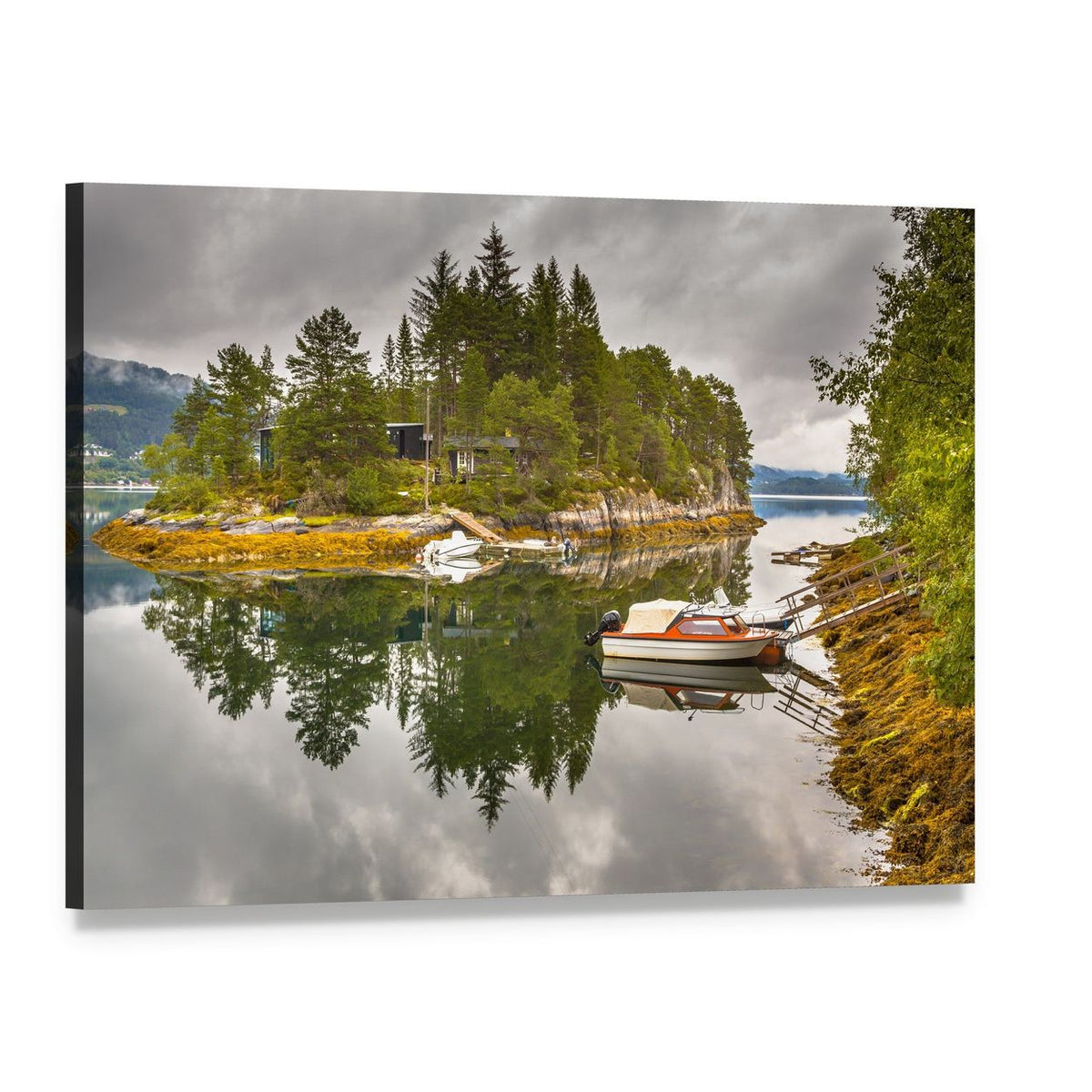 Island Lake with Docked Motorboat Canvas Wall Art, single panel gallery wrapped canvas, angled product view