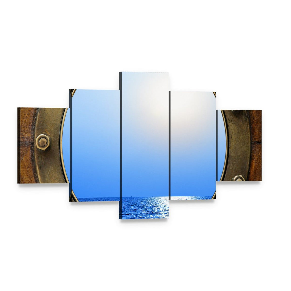 Boat Porthole Ocean View Canvas Wall Art, 5 panel 5 Star layout gallery wrapped canvas set, angled product view