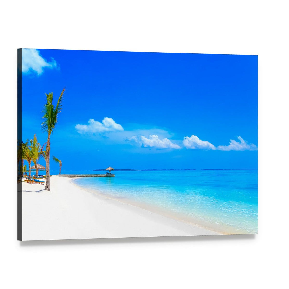 Maldives Beach with Thatched Pier Canvas Wall Art, single panel gallery wrapped canvas, angled product view