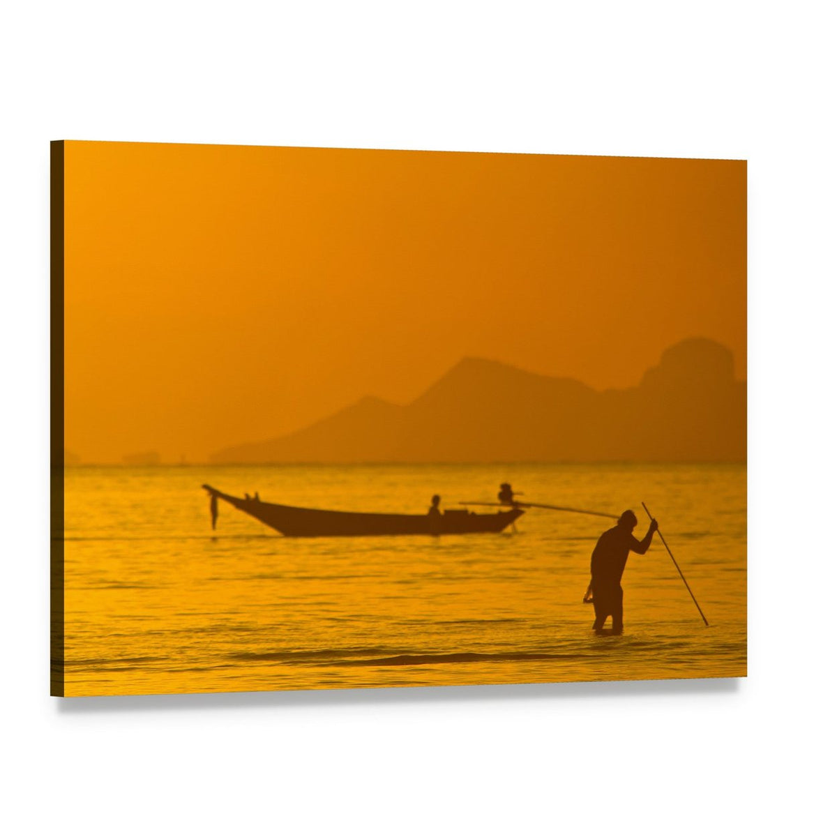 Fisherman at Sunset in Thailand Canvas Wall Art, single panel gallery wrapped canvas, angled product view