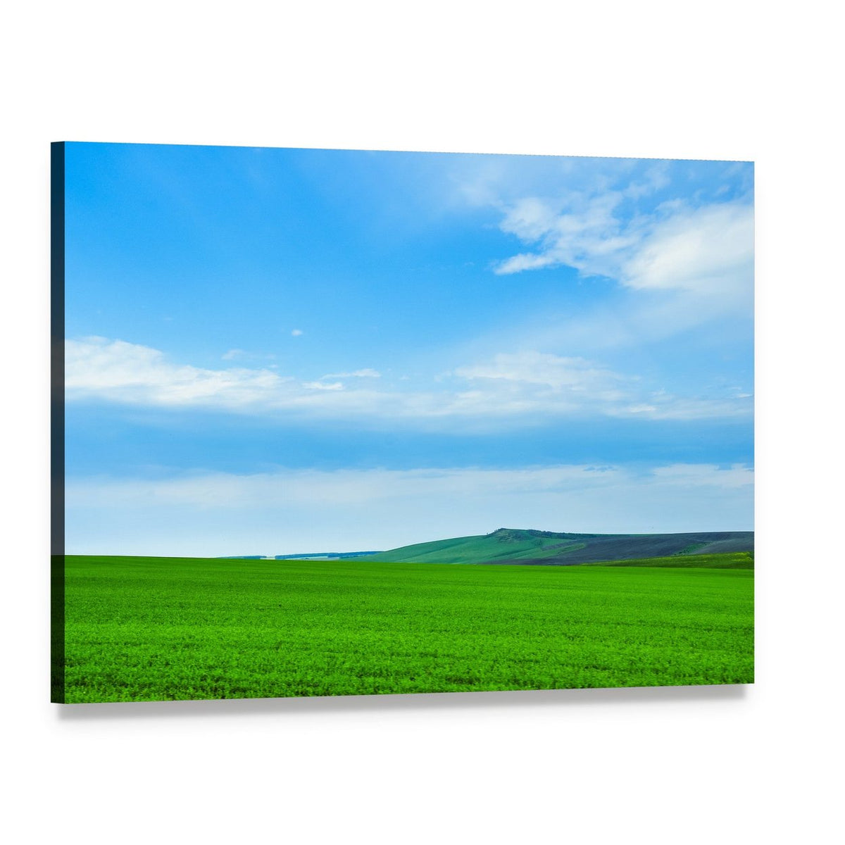 Green Meadow with Rolling Hills Canvas Wall Art, single panel gallery wrapped canvas, angled product view