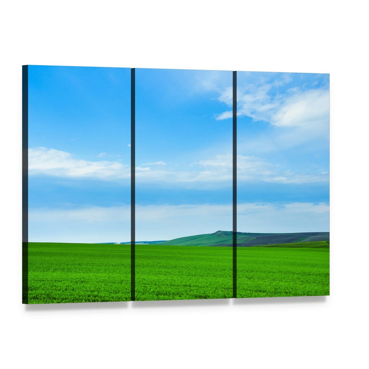 Green Meadow with Rolling Hills Canvas Wall Art, 3 panel 3 Horizontal layout gallery wrapped canvas set, angled product view