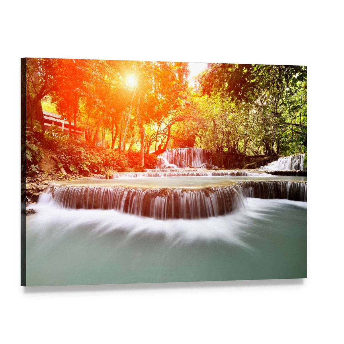 Sunlit Forest Waterfall Canvas Wall Art, single panel gallery wrapped canvas, angled product view
