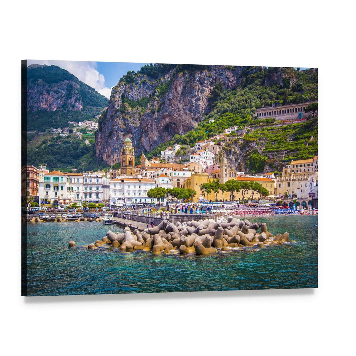 Amalfi Coast Harbor with Church Tower Canvas Wall Art, single panel gallery wrapped canvas, angled product view