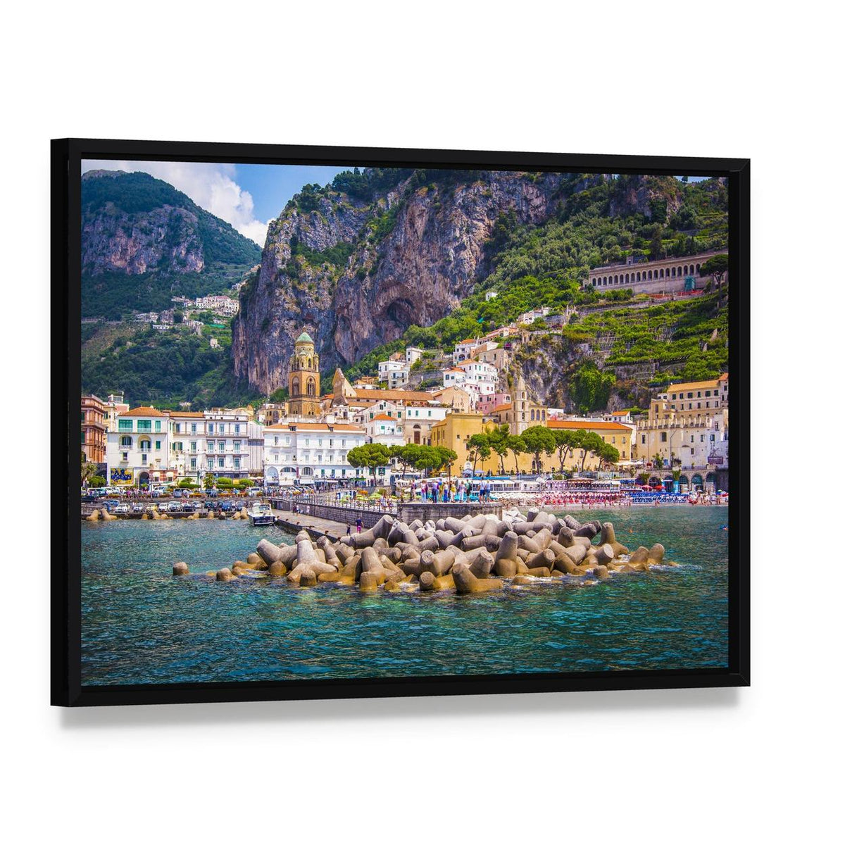 Amalfi Coast Harbor with Church Tower Canvas Wall Art, framed canvas in a black floater frame, angled product view