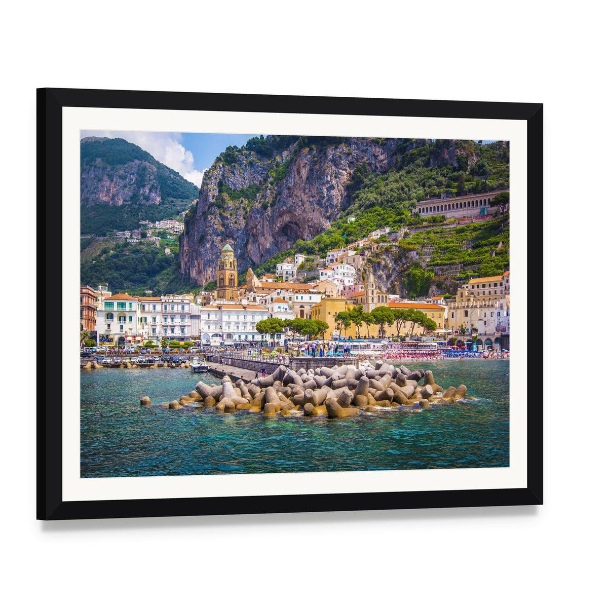 Amalfi Coast Harbor with Church Tower Canvas Wall Art, framed print with white mat and black frame, angled product view