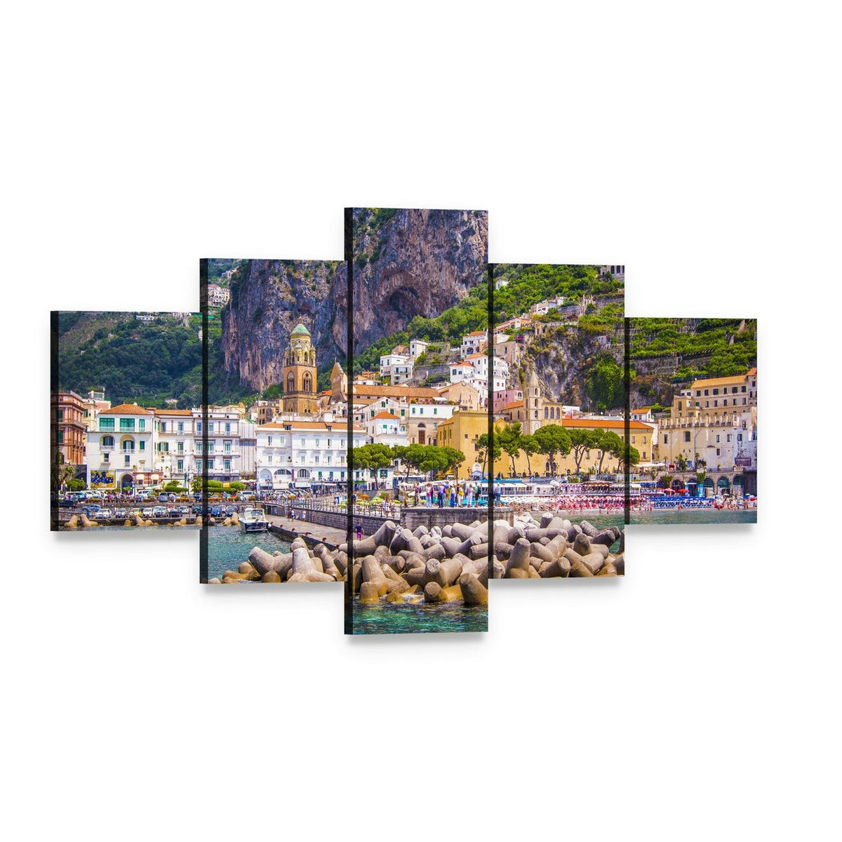 Amalfi Coast Harbor with Church Tower Canvas Wall Art, 5 panel 5 Star layout gallery wrapped canvas set, angled product view